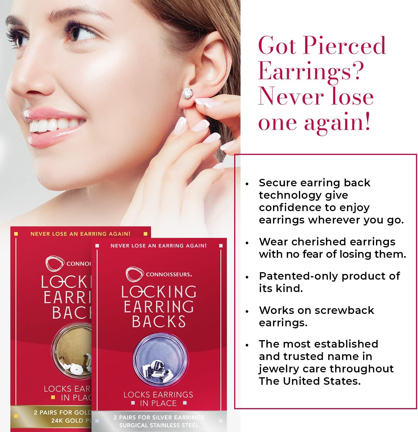 CONNOISSEURS Locking Earring Backs - Hypoallergenic Earring Backs for Studs, Hoops, and More - Never Lose an Earring Again