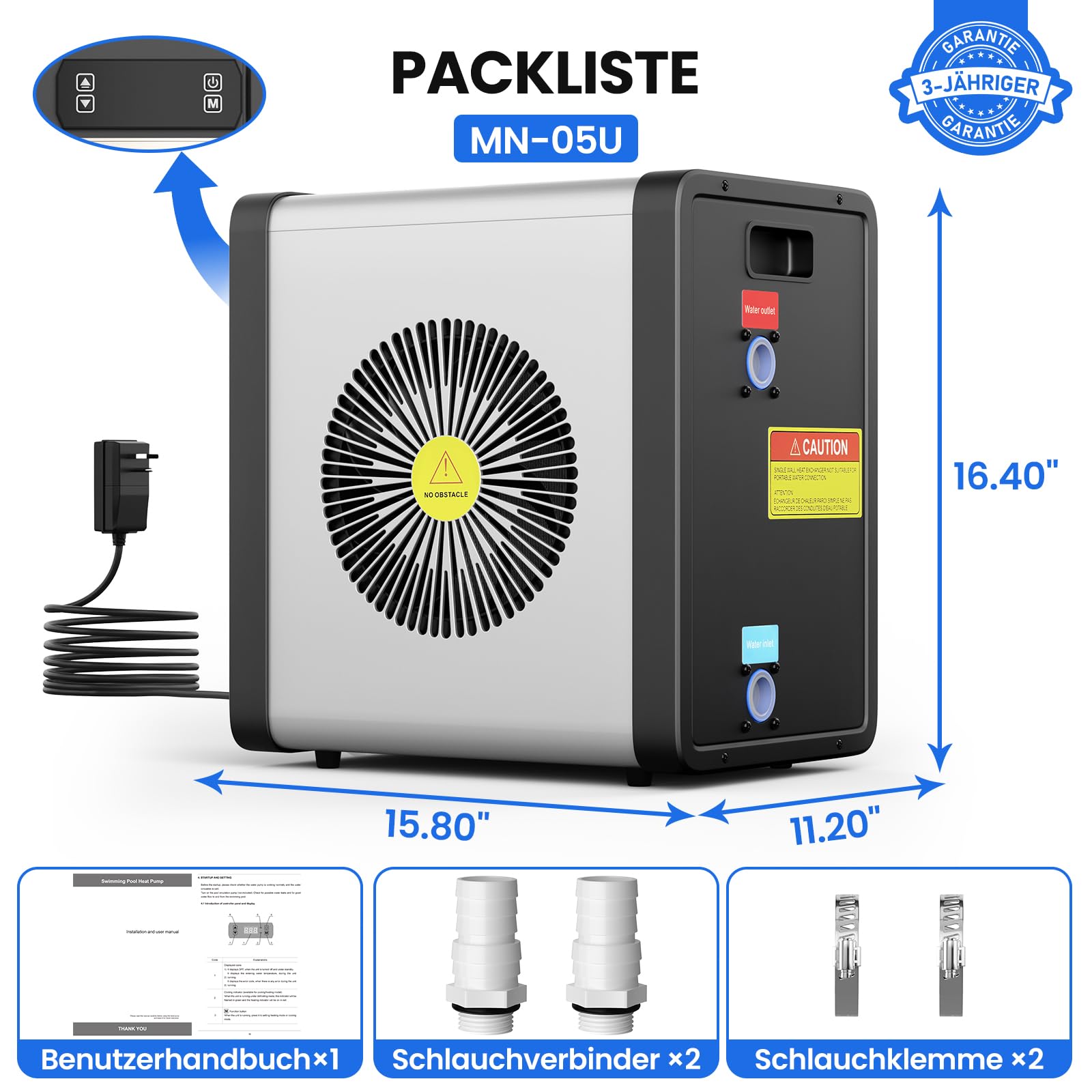 SUNYRISY Pool Wärmepumpe, 5 kW COP 5,5 Poolheizung Elektrisch für Aufstellpools bis zu 20 m³, 17,060 BTU, Mini Pool Heater System für Aufstellpools, Leise, Tragbare Kleine Größe