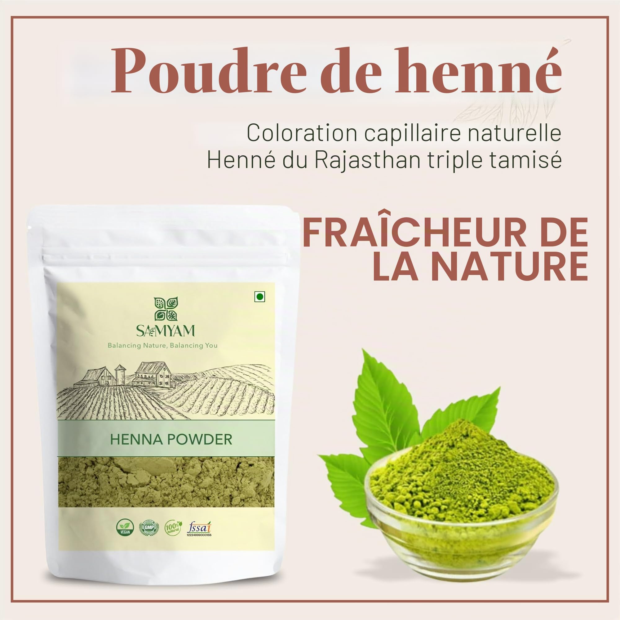 SAMYAM Poudre de henné pur - Paquet de 1 kg | Coloration capillaire naturelle, henné du Rajasthan triplement tamisé, sans PPD