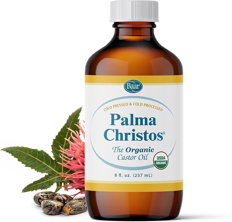 Baar Palma Christos Óleo de Rícino Orgânico Prensado a Frio, sem Hexano, Frasco de Vidro Âmbar, 240 mL