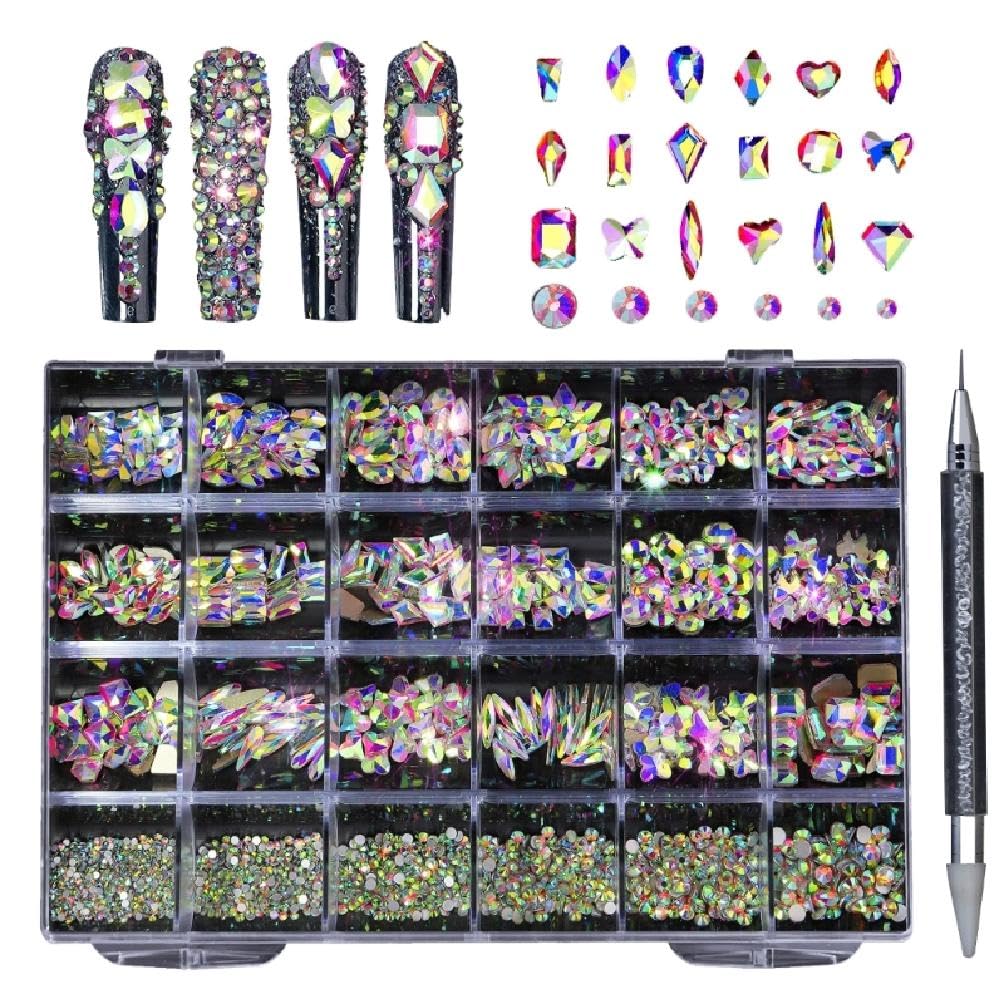 Ciwanning AB Crystal Nail Rhinestones Set Nail Art Rhinestones Round Beads Flatback Glass Nails Gems Stones 3D Nail Art Crystals 3D Nail Jewelry and Decorations for Acrylic Nails