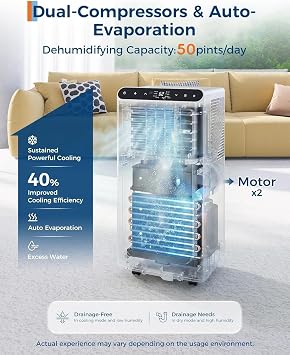 2PCS 8000 BTU Portable Air Conditioner, 3-in-1 AC Unit with Cool, Fan & Dry Modes, Covers Up to 550 Sq. Ft, LCD Display, Remote Control, Easy Mobility, Washable Filter, White