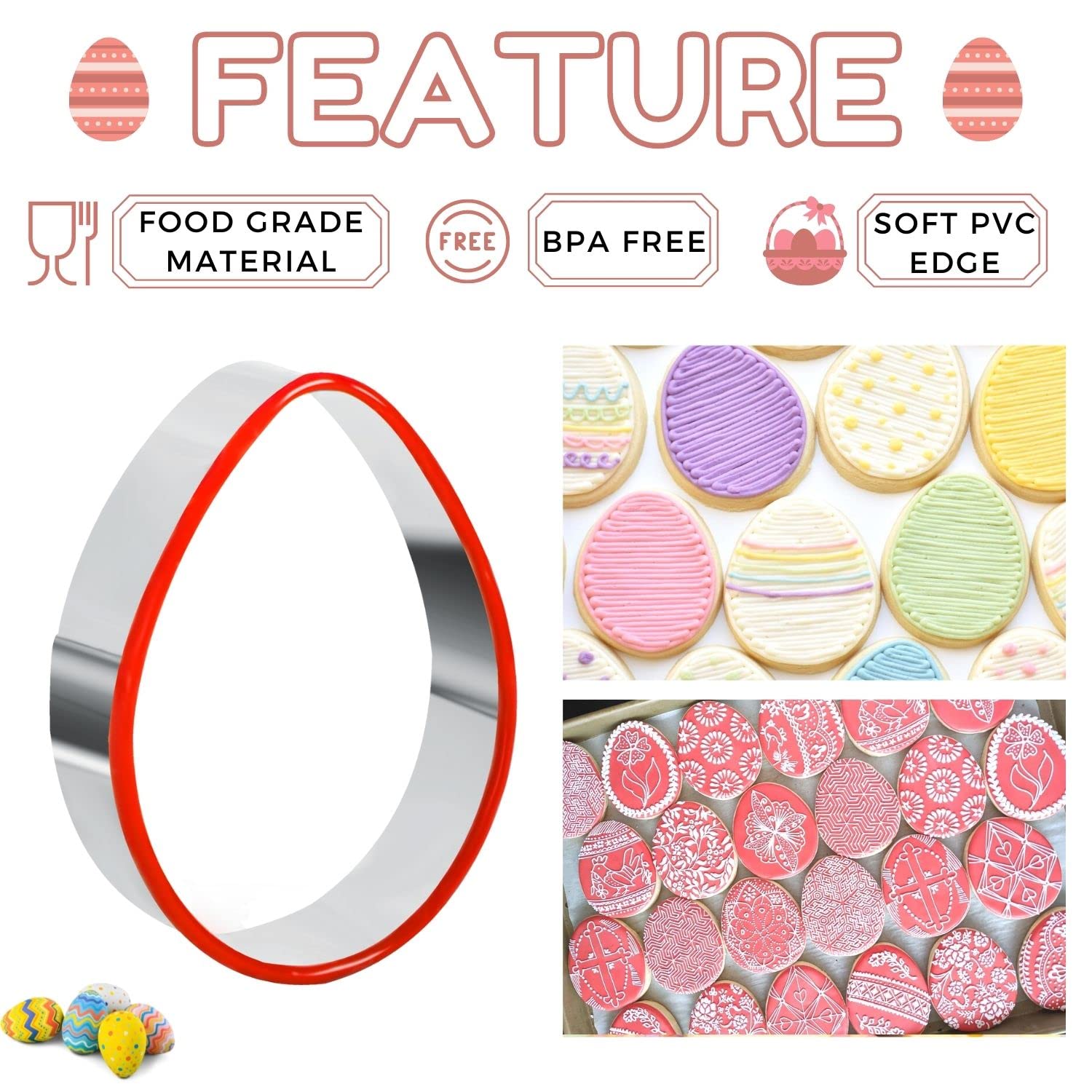 Crethinkaty 3 Pieces Egg Cookie Cutter Set for Baking Easter Egg Shape with Soft PVC Edge Cookie/Pastry/Biscuit Cutter for Holiday