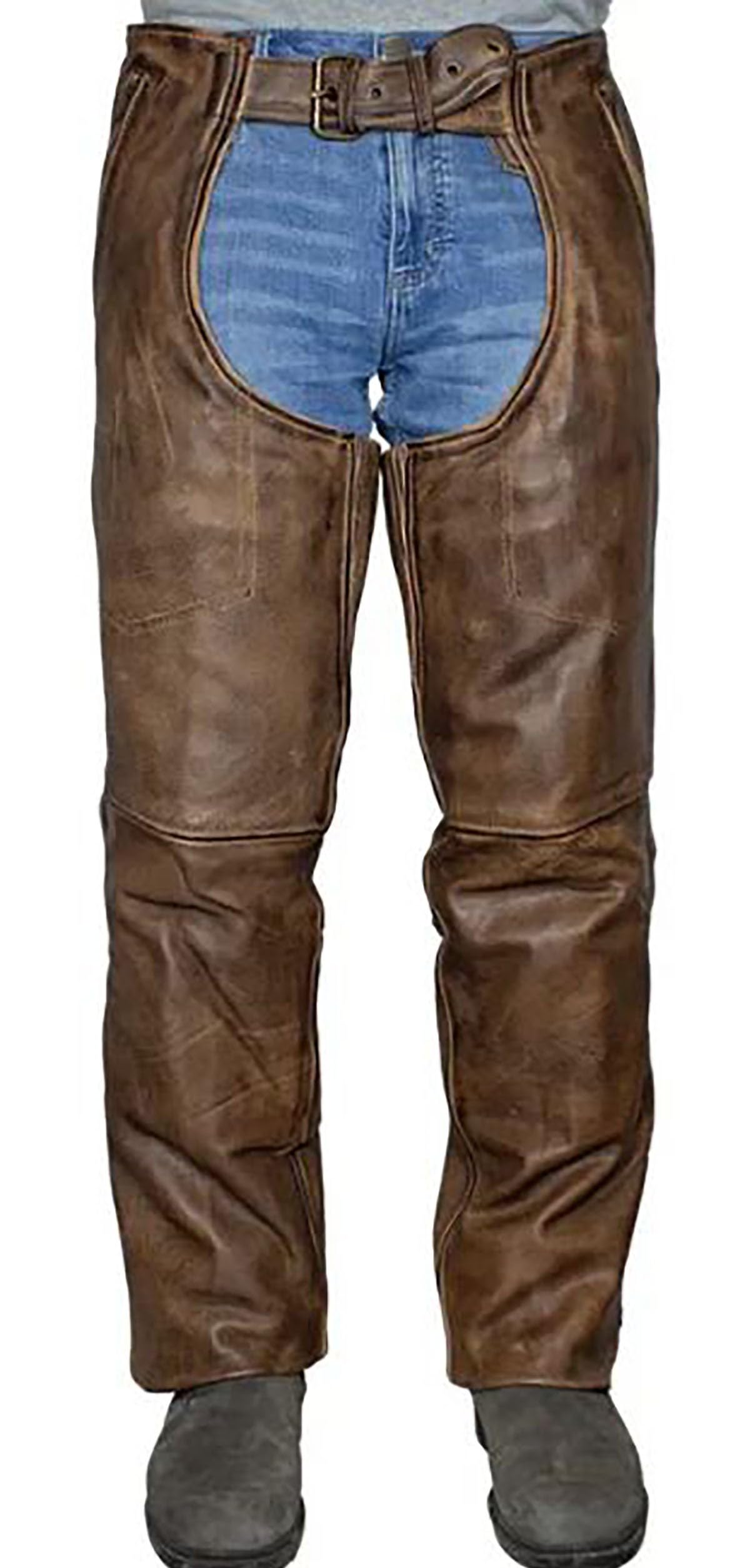 Herren-Chaps aus hochwertigem Leder, Vintage-Stil, Braun, 2 Taschen, Braun