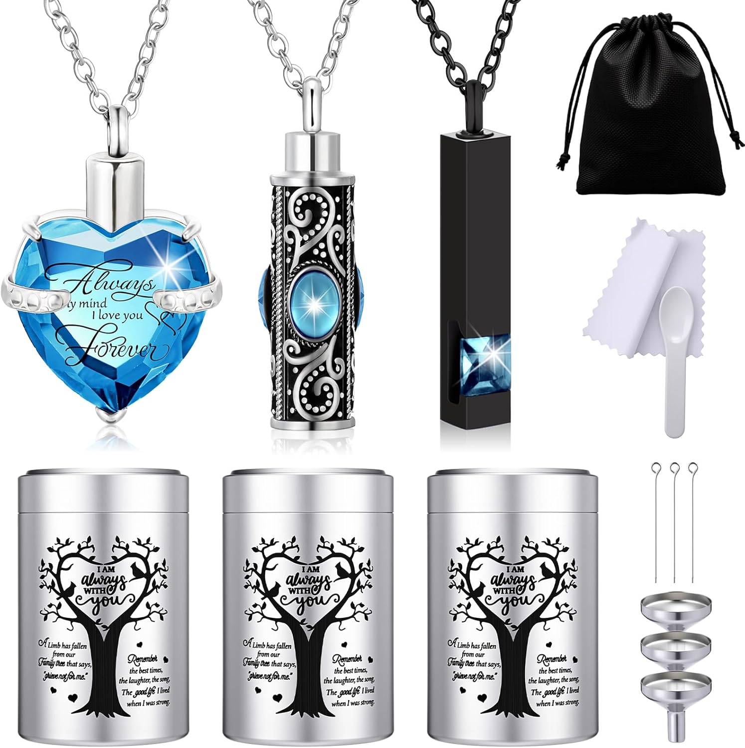 6 Pcs Urn Necklace Small Keepsake Urns for Human Pet Ashes Engraved with Tree Pattern and I Am Always with You Text Waterproof Memorial Ashes Holder (Light Blue)