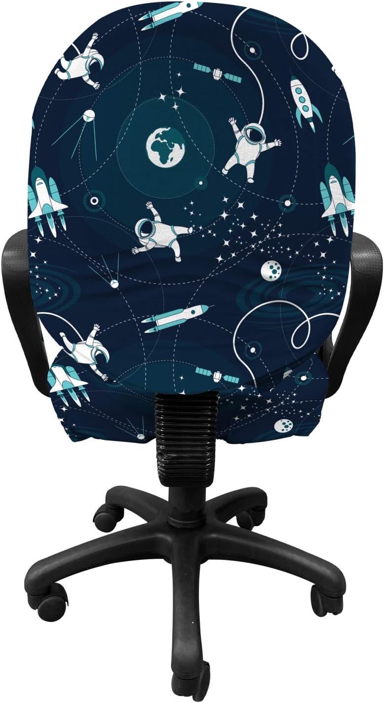 Ambesonne Space Office Chair Slipcover, World's Orbit with Spaceships Astronauts Satellites and Moon, Protective Stretch Decorative Fabric Cover, Dark Teal Dark Blue