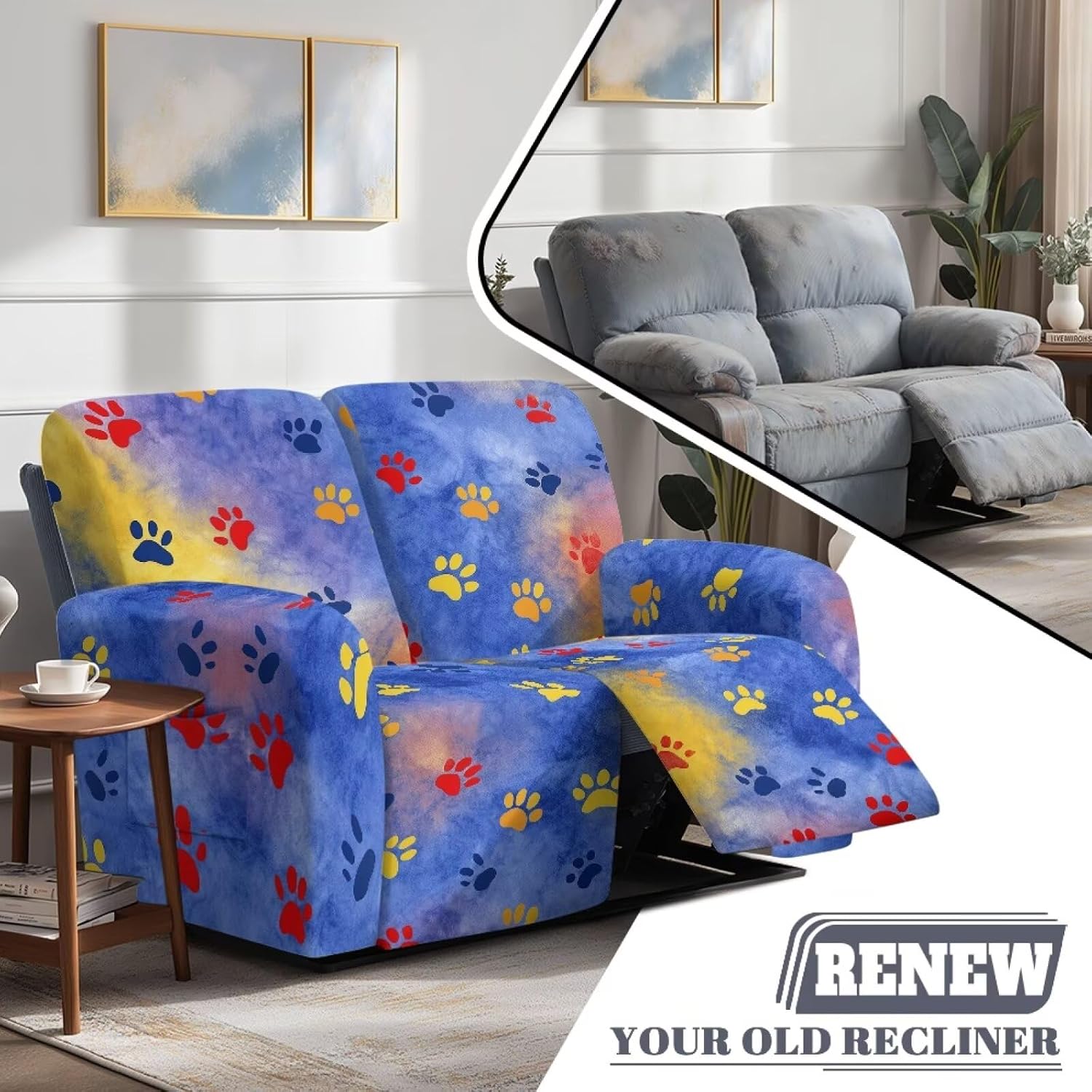 Dog Paw Tie Dye Print Loveseat Covers Stretch Love Seat Sofa Covers Washable Reclining Loveseat Slipcover 2 Seat Couch Covers for Living Room Decor