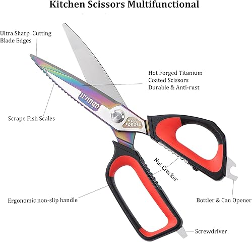 Miniatura 5 de LIVINGO Tijeras de cocina resistentes, con revestimiento de titanio, forjadas en caliente, afiladas, multiusos, de acero inoxidable, para el hogar,