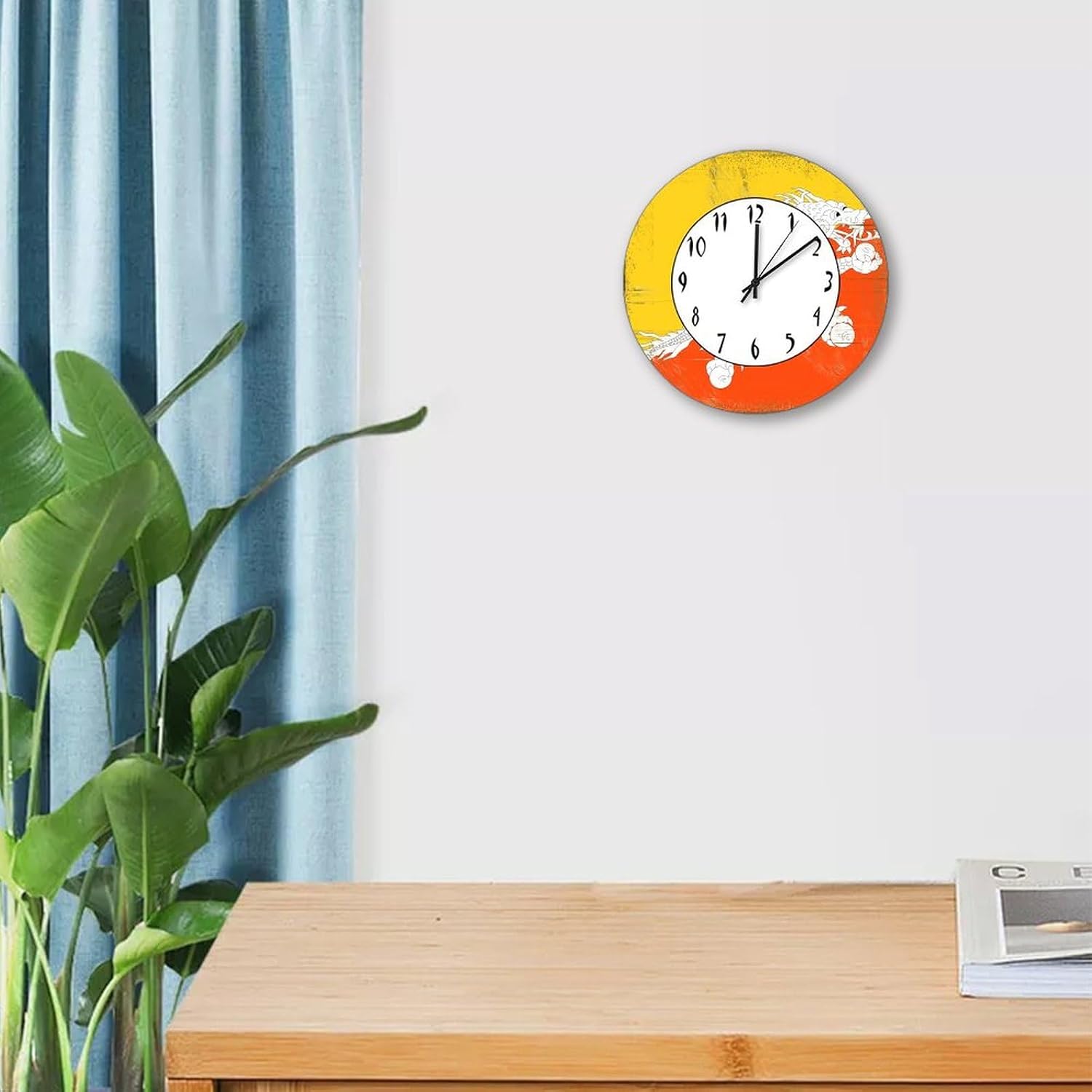 Wood Wall Clock Vintage Bhutan National Flag Hanging Clock Bhutan 12in Silent Non-Ticking Battery Operated Wall Clock Decorative for Office School Kitchen Bedroom Living Room