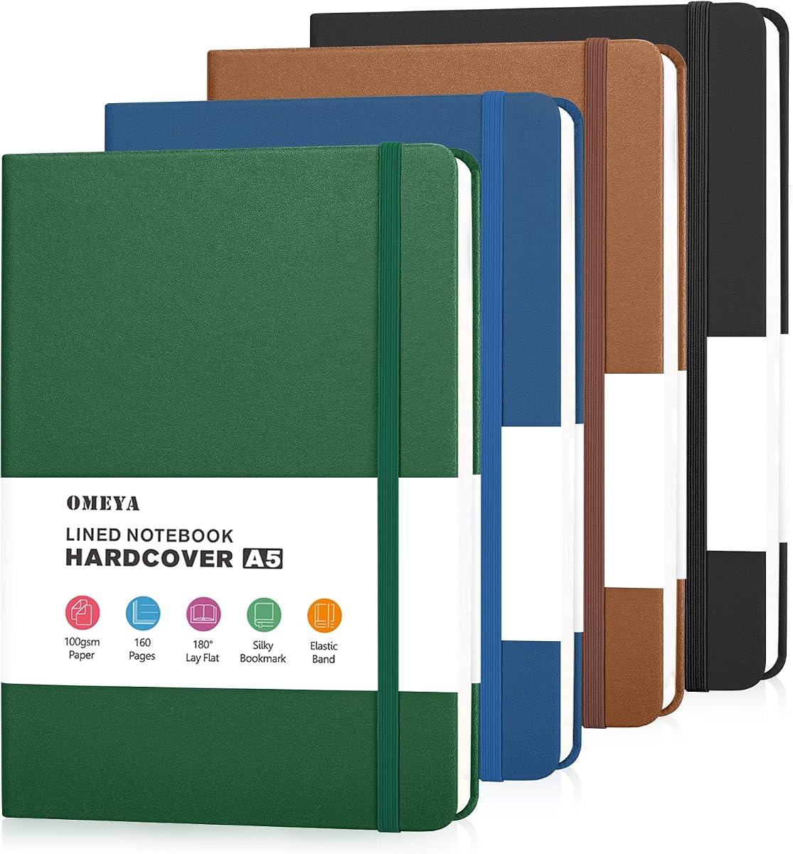 Hardcover Journal Notebooks for Work: 4 Pack, A5 100gsm Lined Paper | Multicolor, 5.7" x 8.3", PU Leather Cover, Notebooks for Office, School, Meetings, Daily Plans and Personal Journaling