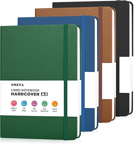 OMEYA Paquete de 4 cuadernos rayados para el trabajo, papel grueso de 3.53 ozm, 5.7 x 8.3 pulgadas, cuaderno A5 con rayas universitarias a granel,