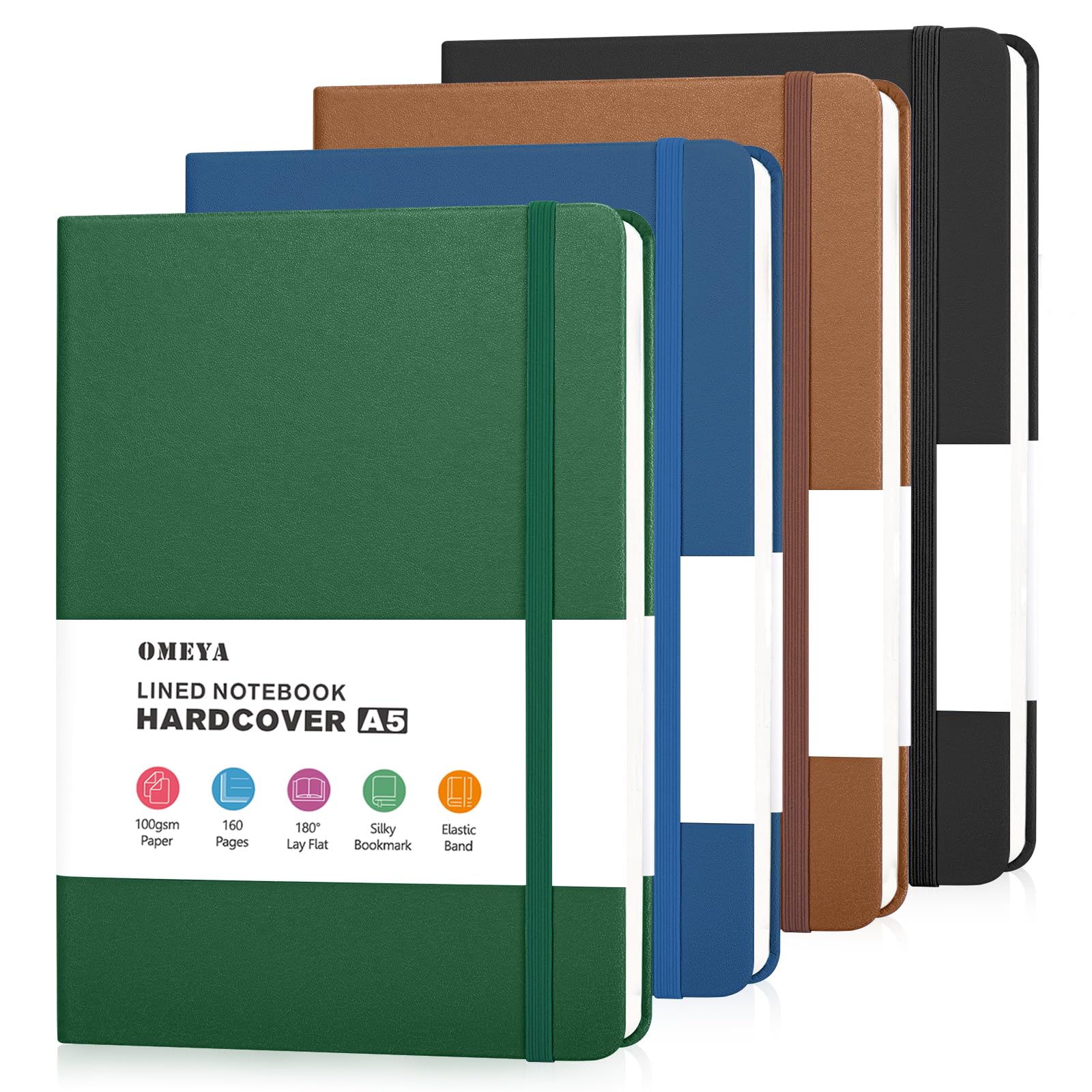 Hardcover Journal Notebooks for Work: 4 Pack, A5 100gsm Lined Paper | Multicolor, 5.7" x 8.3", PU Leather Cover, Notebooks for Office, School, Meetings, Daily Plans and Personal Journaling