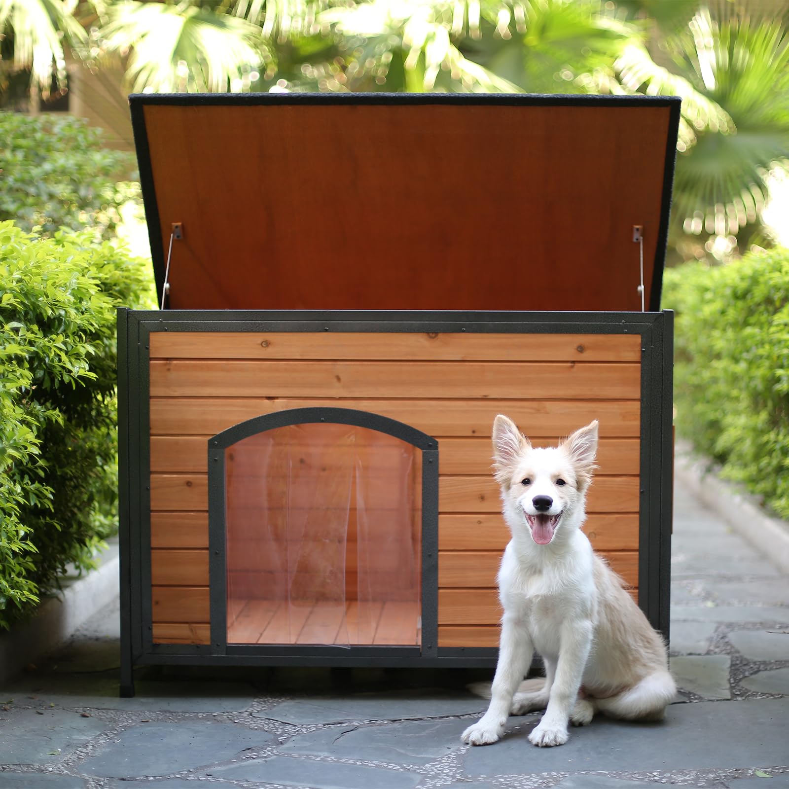 Outdoor Dog House with Door Weatherproof Dog Kennel Chew-Proof Metal Frame Openable Roof for Easy Cleaning