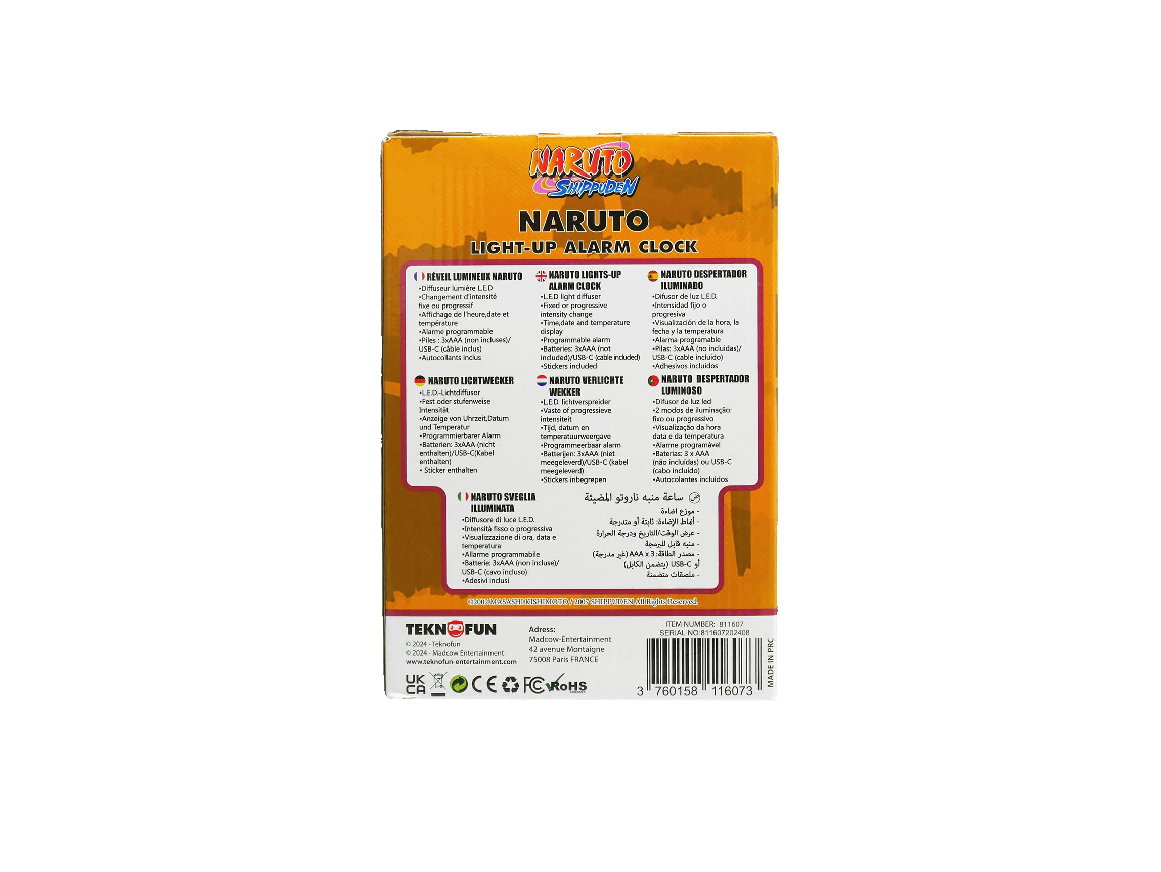 TEKNOFUN - Licencia Naruto Shippuden - Despertador Digital Naruto - Pantalla 12/24h, Fecha, Temperatura - Negro, Naranja, Amarillo - Funciona con 3 x AAA/Enchufe - Cable USB (Incluido) - 811607