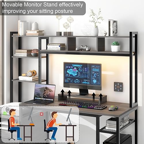 Miniatura 4 de Escritorio para computadora con estantes de almacenamiento y 2 cajones, escritorio de juegos de 59 pulgadas con luces LED y tomas de corriente,