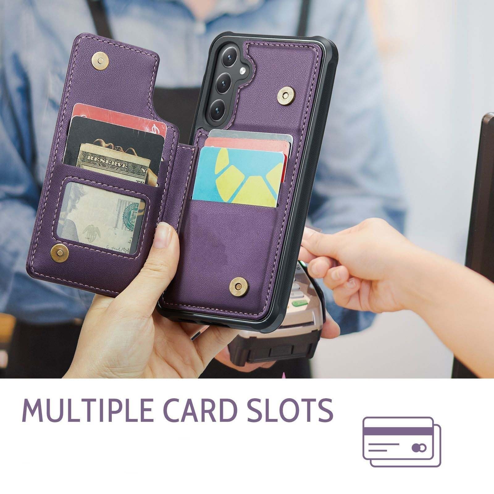 Generico Etui do Samsung Galaxy S25 Ultra/S25 Plus/S25, etui z PU blokujące RFID uchwyt wolny ręce antypoślizgowa powłoka wiele gniazd na karty (fioletowy, S25 Plus)