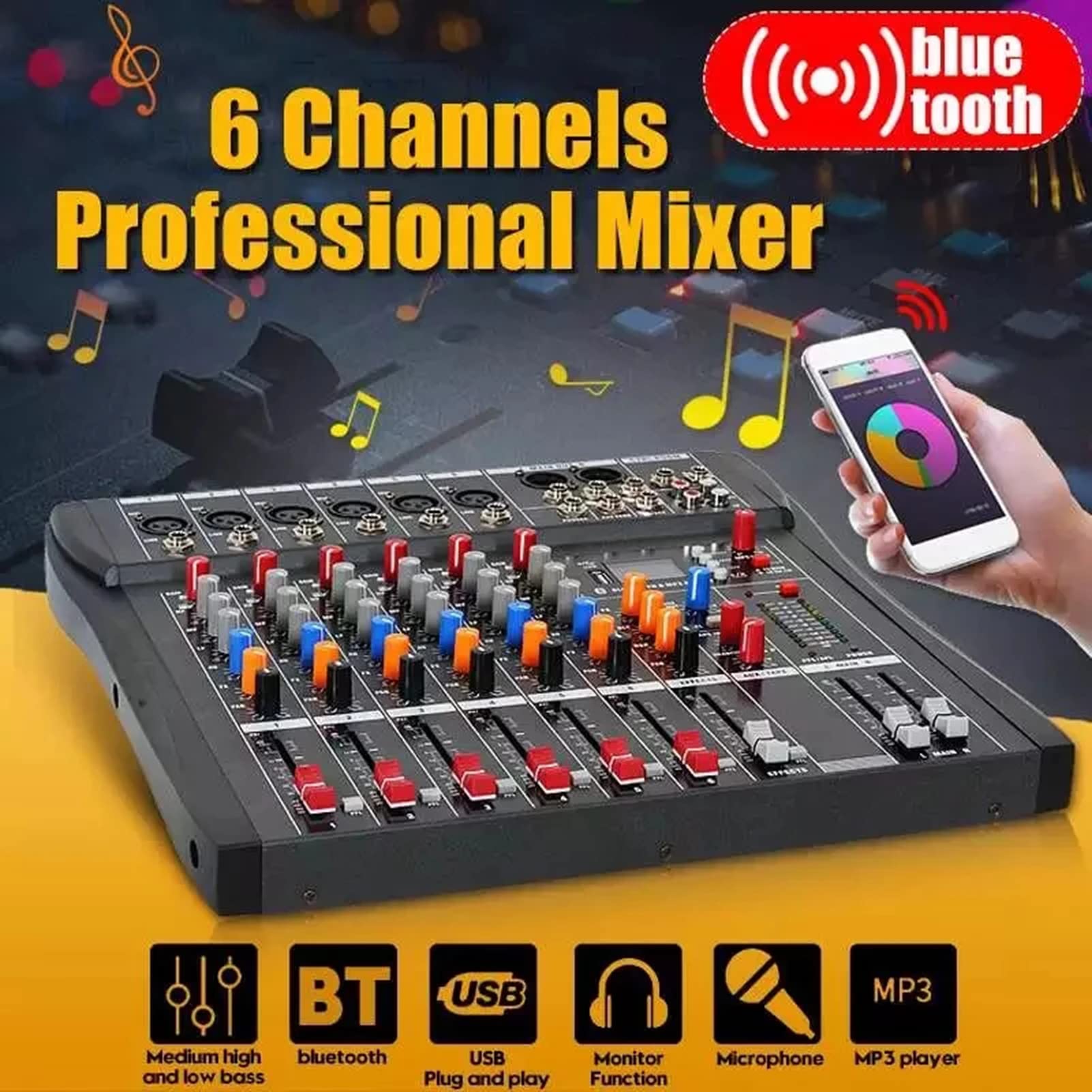 6-kanałowy mikser DJ profesjonalny mikser audio komputer nagrywanie sceniczne USB karta dźwiękowa o wysokim niskim tonie Bluetooth do studia imprezowego