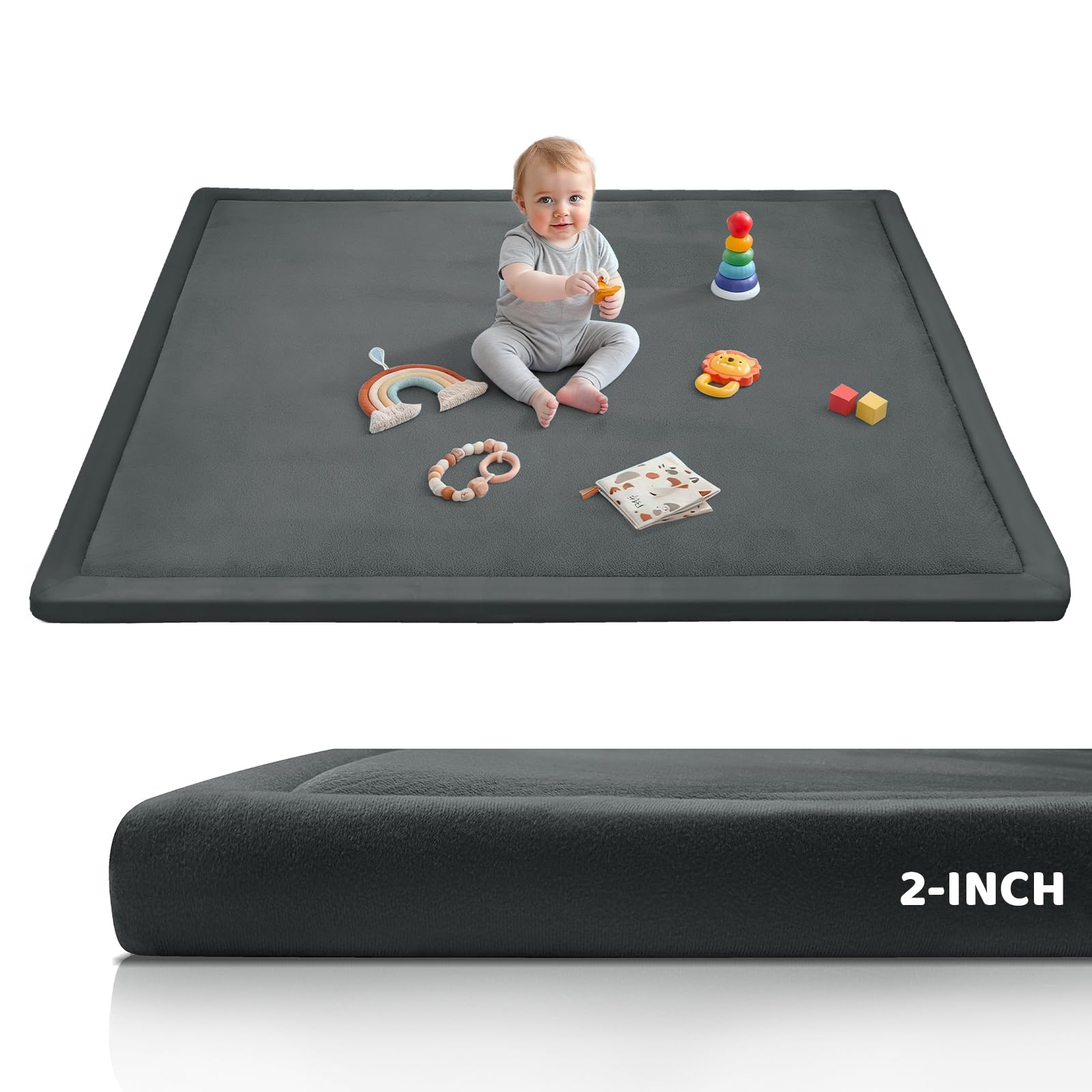 Photo 1 of 2-Inch Extra Thick Baby Play Mat For Floor, Ultra Soft Nursery Rug, 59"x39" Large Kids Rug for Tummy Time, Flannel Cover with Powder-Free Memory Foam Non-Slip Base Crawling Mat for Infants Toddlers