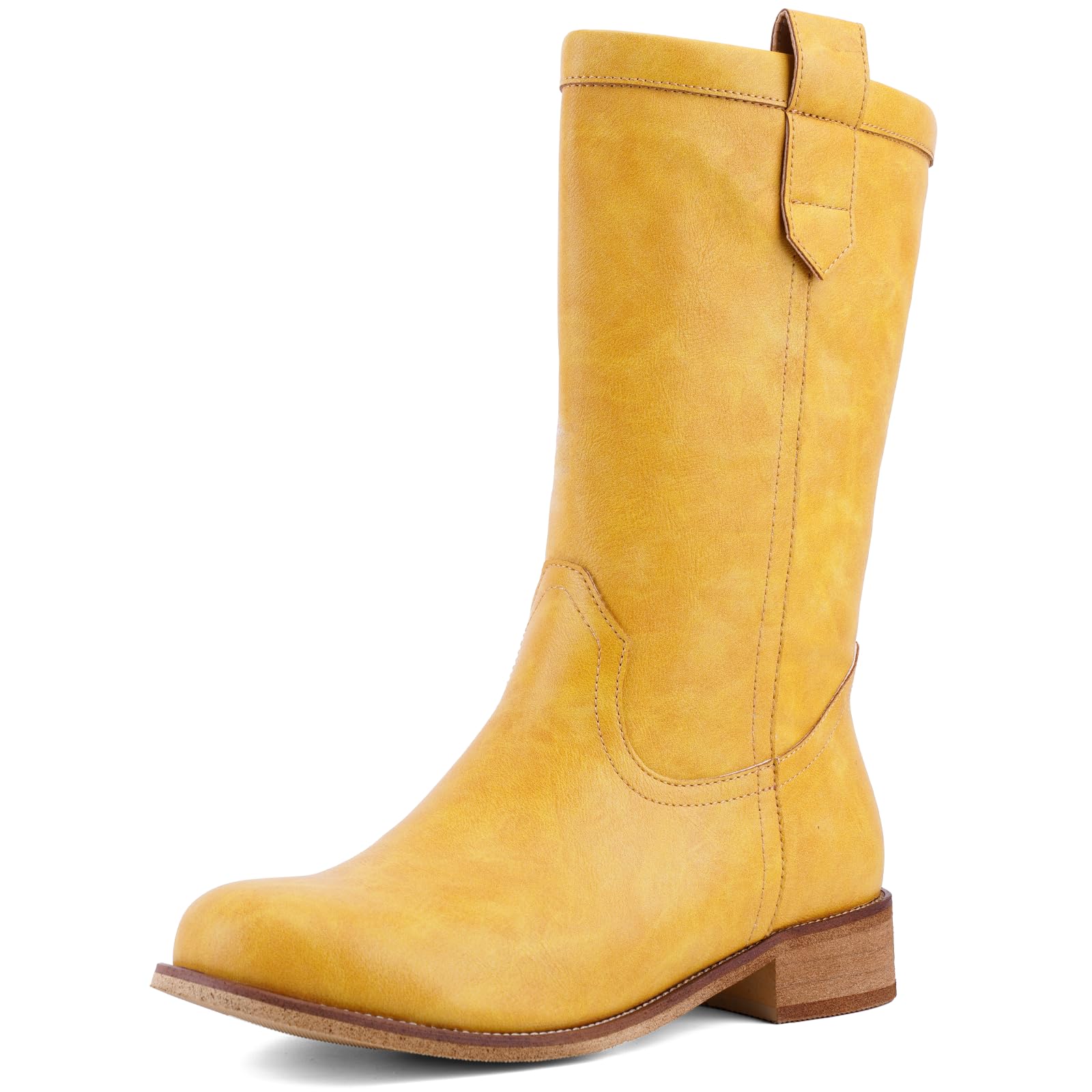 Womens Mid Calf Riding Boots Slip On Chunky Heel Boots with Round Toe Comfortable Pull On Dress Boots