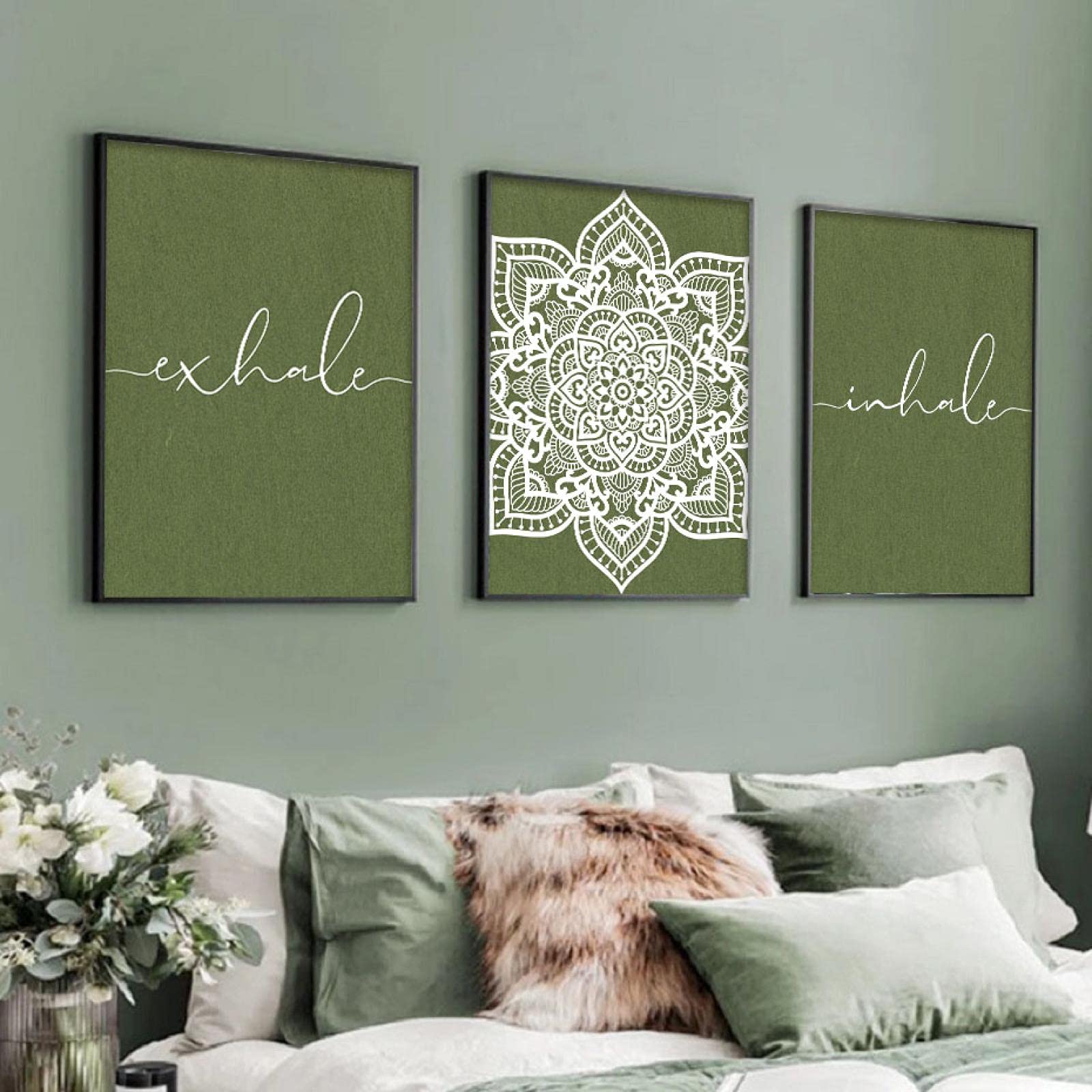 Weiling Frameless Inhale Exhale Zen Wall Art Canvas Prints Yoga Room Decor Boho Green Paintings Prints For Living Room Decor 50X70cmx3pcs