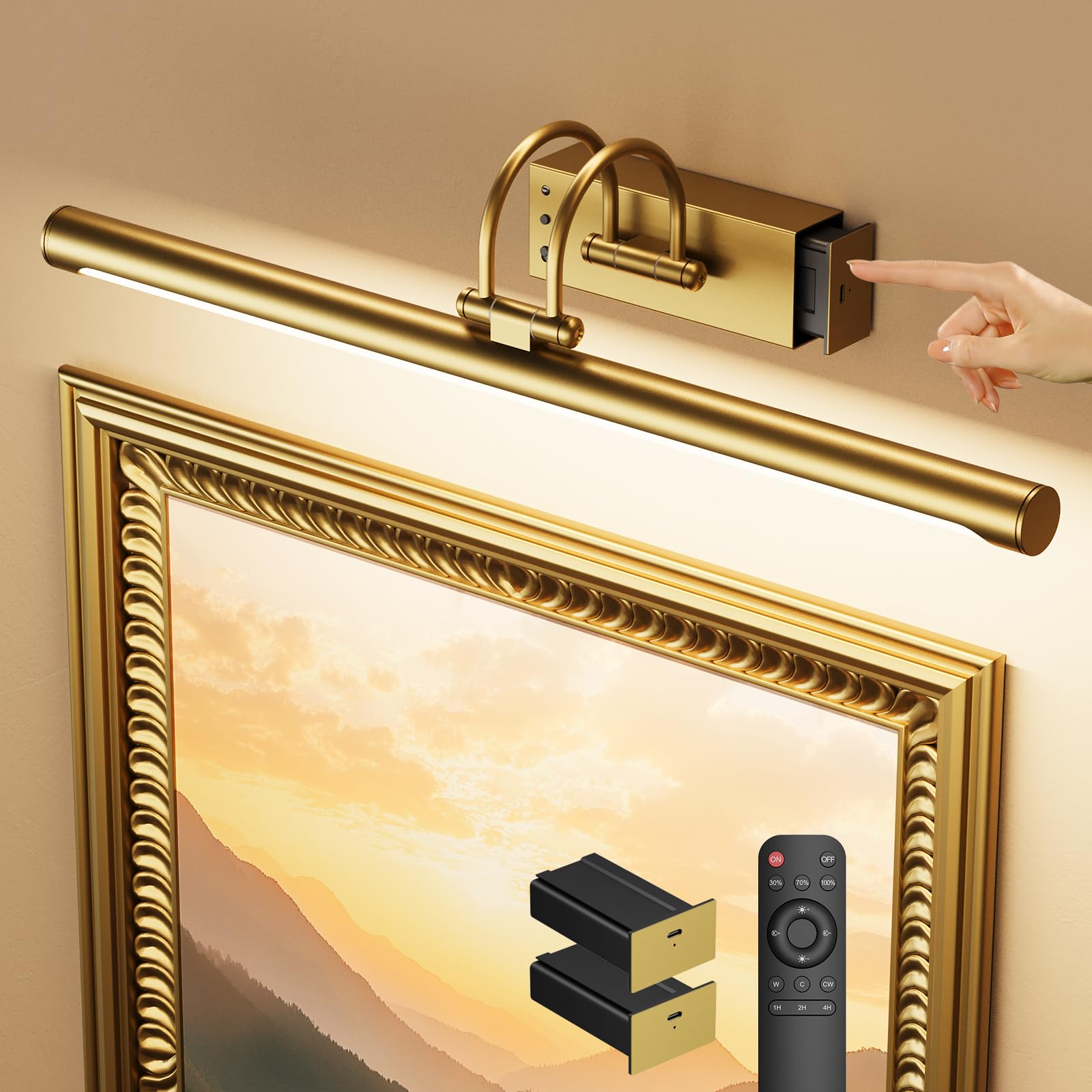 Lampada da parete ricaricabile wireless da 23,6 ″ con telecomando, grande lampada da parete a batteria per dipinti e arte, lampada da galleria a LED dimmerabile con timer, design in metallo regolabile