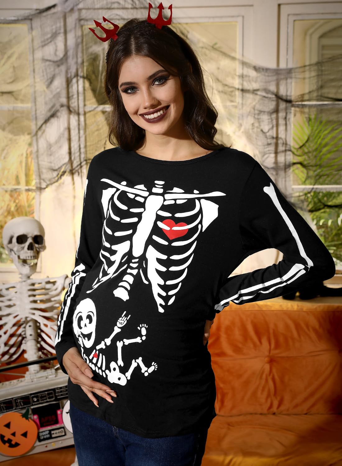 For G and PL Chemise de grossesse à manches longues pour femme Halloween S-XXL | Costume extensible à manches longues pour fête à thème squelette citrouille imprimé famille enceinte chemise