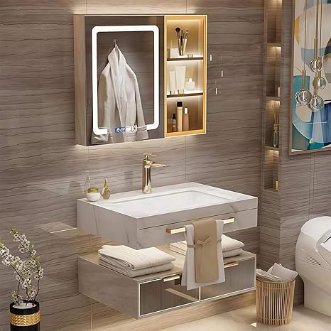 Modern Suspended Vanity with Sink, Wall-Mounted Bathroom Vanity with Quartz Countertop, No Assembly Required, Glass Included | LED Smart Demisting Mirror Cabinet, Sensor Light, Open Storage Shelves