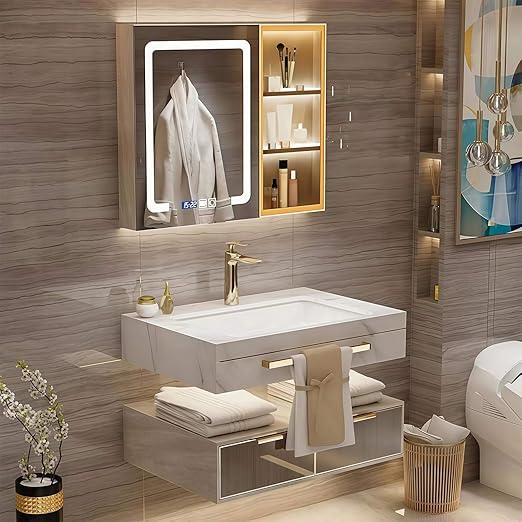 Modern Suspended Vanity with Sink, Wall-Mounted Bathroom Vanity with Quartz Countertop, No Assembly Required, Glass Included | LED Smart Demisting Mirror Cabinet, Sensor Light, Open Storage Shelves