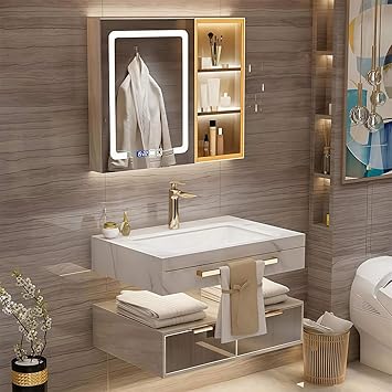 Modern Suspended Vanity with Sink, Wall-Mounted Bathroom Vanity with Quartz Countertop, No Assembly Required, Glass Included | LED Smart Demisting Mirror Cabinet, Sensor Light, Open Storage Shelves