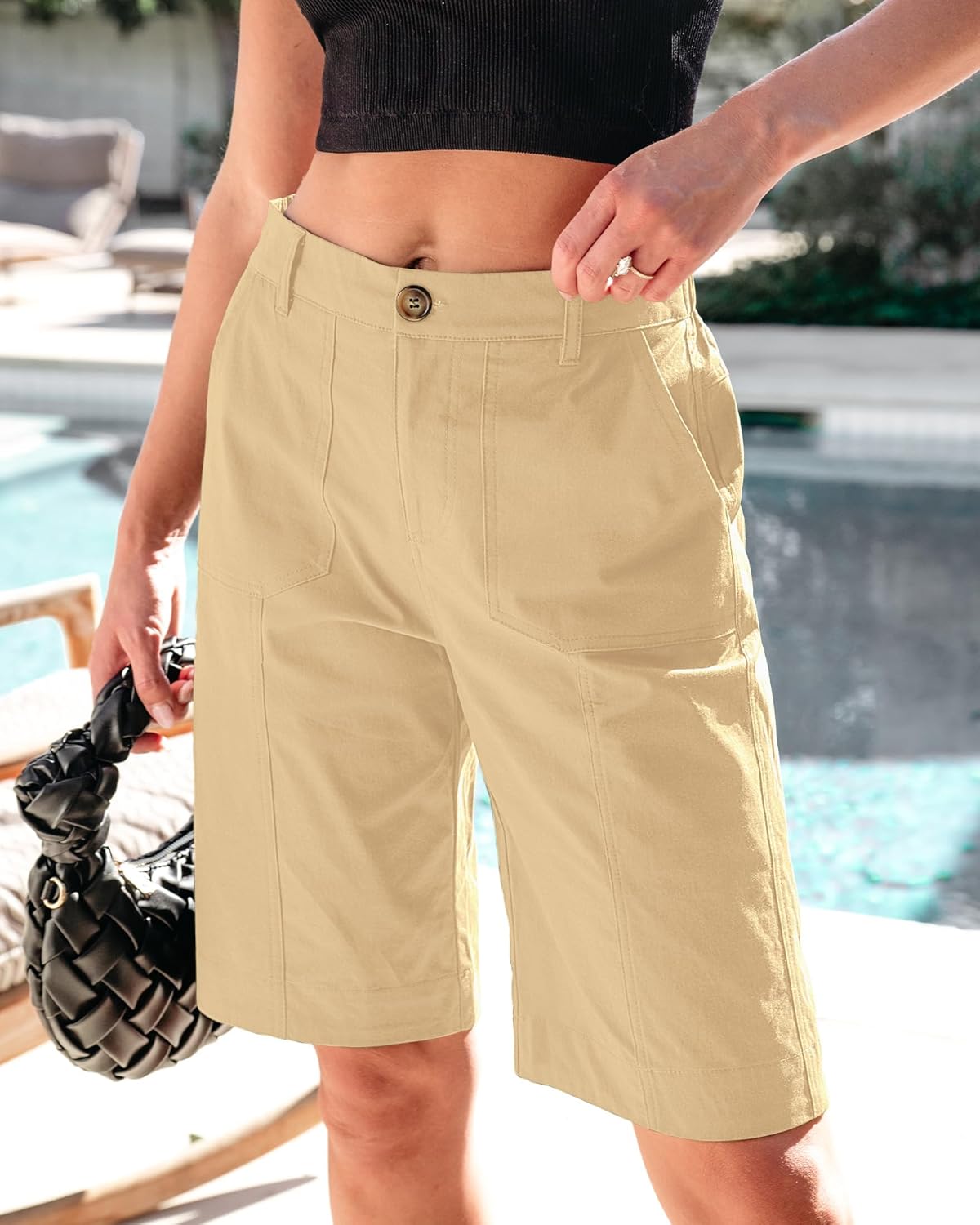 luvamia Bermuda Shorts for Women Knee Length High Waisted Cotton Elastic Waist Summer Dressy Casual Long Chino Shorts - Image 6