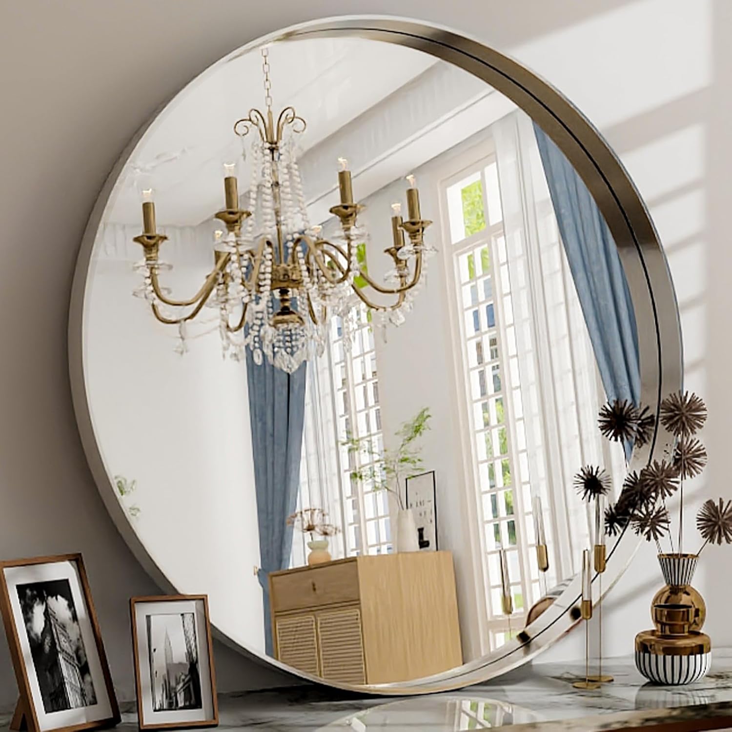 32 Inch Round Bathroom Mirror - Wall Mounted Circle Mirror with Metal Frame, Modern Mirror Suitable for Bathroom, Vanity, Entryway, Living Room, Wall Decor，Silver