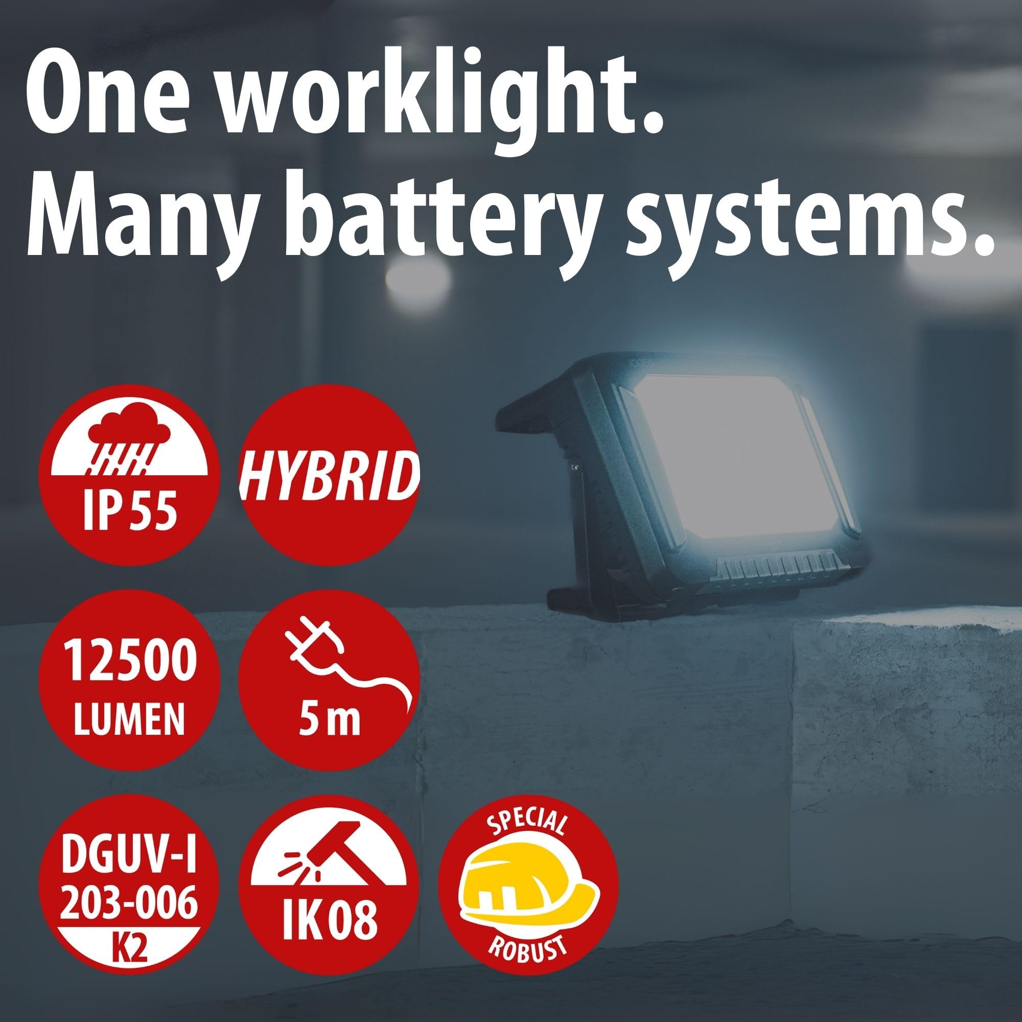 Brennenstuhl Professional Multi Battery LED Hybrid Baustrahler 10050 MH (100W, 12500lm, IP55, kompatibel mit 18V Akkus 10 verschiedener Hersteller, 5m RN-Kabel, ohne Akku, Engineered in Germany)