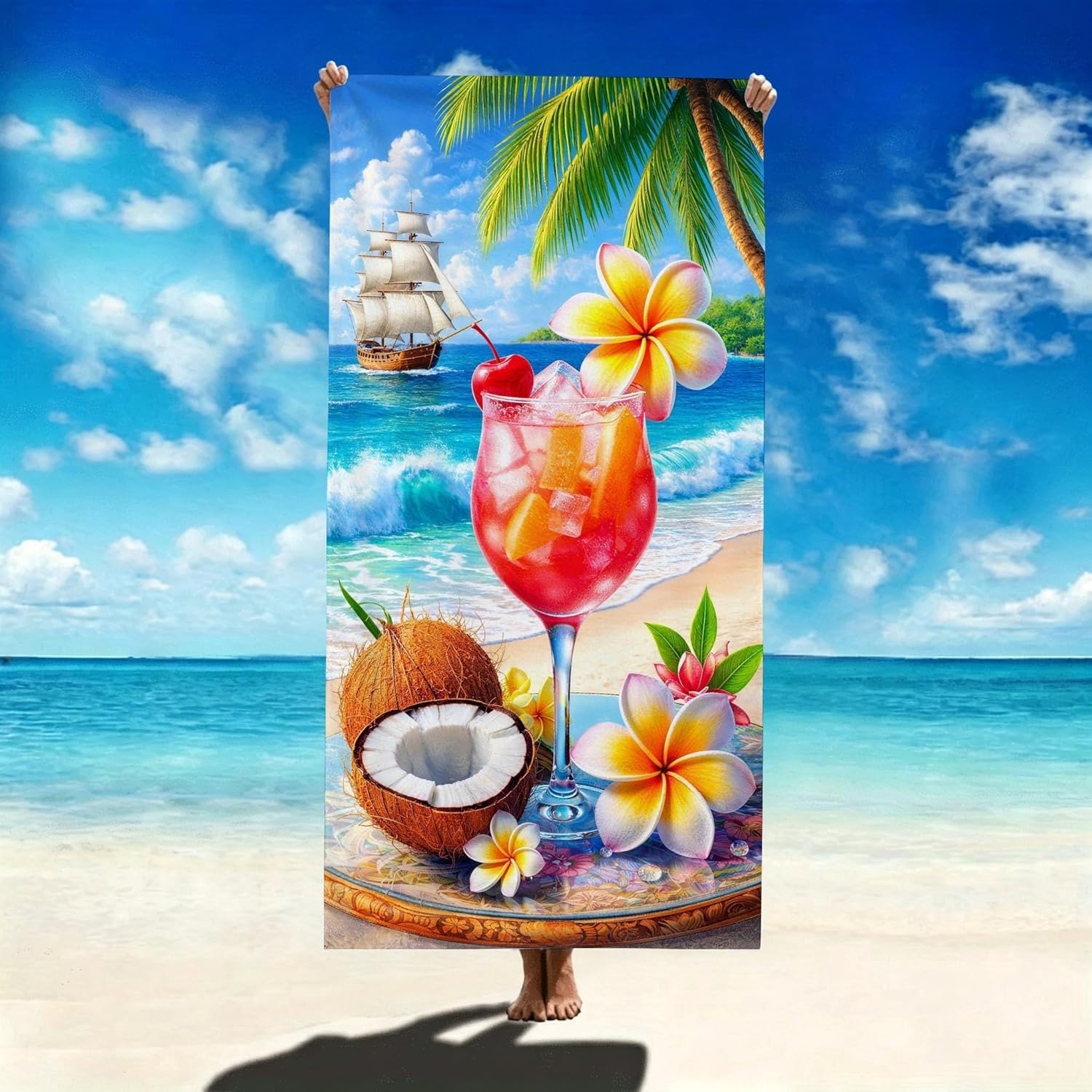 YZQGLHP Frangipani Microfibre Beach Towel Coconut Beach Bath Towel Quick Drying, Lightweight, Sand-Free, Durable, for Pool, Gym, Camping, Travel Towel 90x200cm