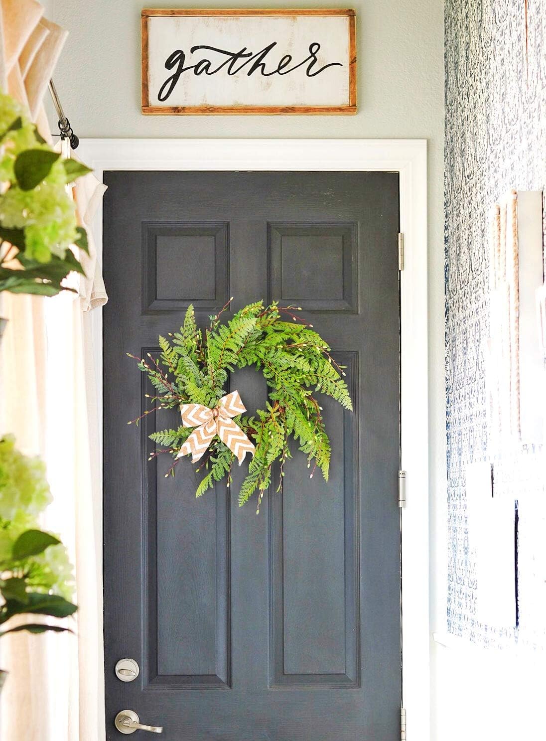 20" Wreath for Front Door with Knotted Bow, Handcrafted Wicker Rattan Loop Frame - Faux Home Decorative Display - Rustic, Farmhouse Decor