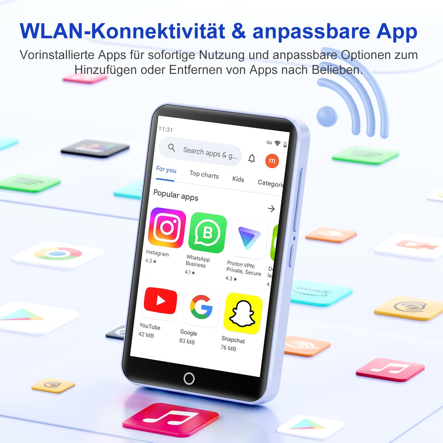 MP3 Player mit Bluetooth WiFi, 80GB MP3-Player mit Kamera, Android MP4 Player mit Spotify, Audible, Amazon Music, Deezer, 4.02" Touchscreen Kinder MP3 Player Musik Player mit Lautsprecher, FM Radio