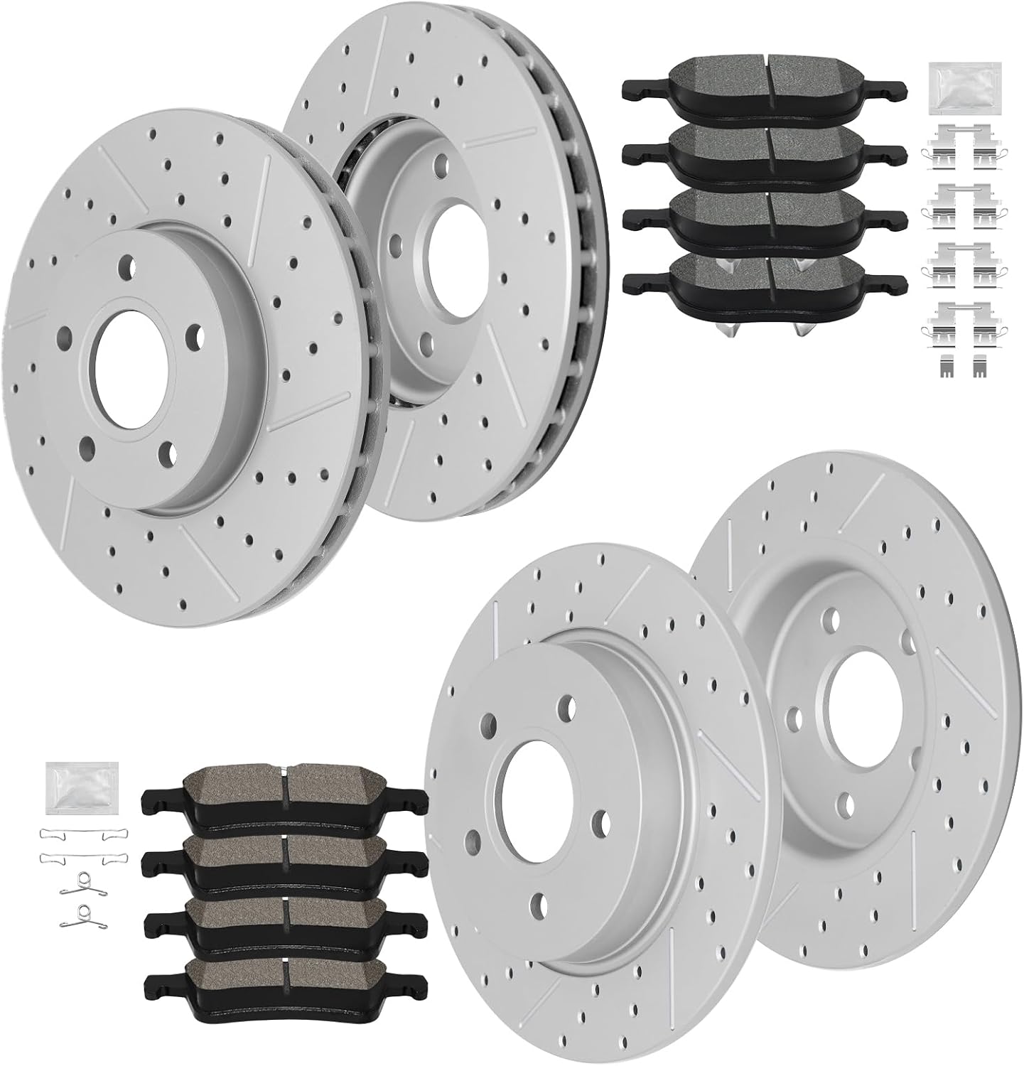 Front and Rear Brake Kit, Ceramic Brake Pads and Drilled and Slotted Brake Rotors, Compatible With 2012 2013 2014 2015 2016 2017 2018 Ford Focus