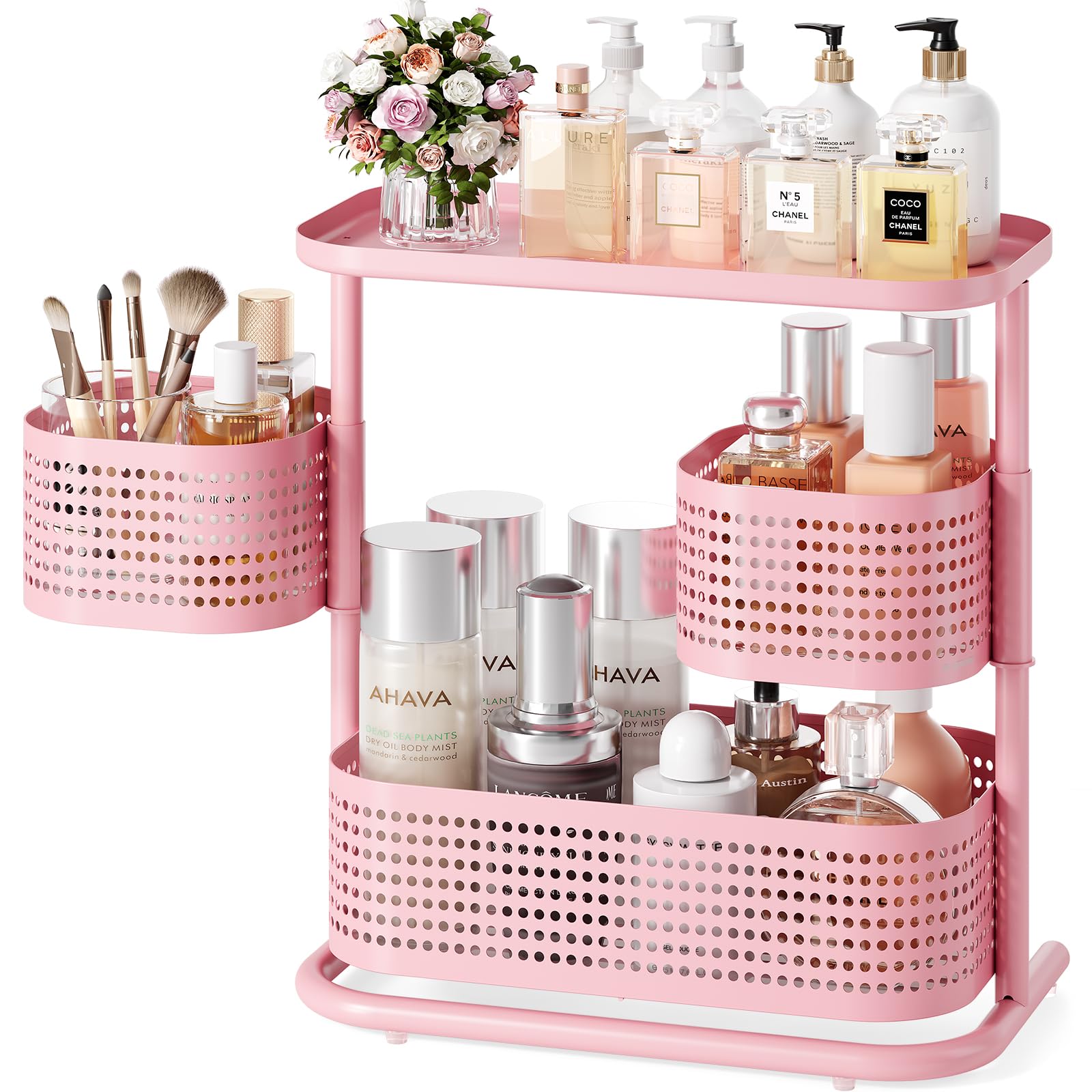KINGRACK Metal Bathroom Counter Organizer,Rotating Countertop Storage Shelf | 3 Tier, Makeup Tray for Vanity, Perfume & Skincare, Standing Shelf for Bathroom Counter Storage, Pink