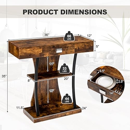 Miniatura 3 de KOTEK Mesa consola con cajón de almacenamiento y estantes, mesa de sofá estrecha de 3 niveles, mesa detrás del sofá, mesa de vestíbulo moderna, mesa