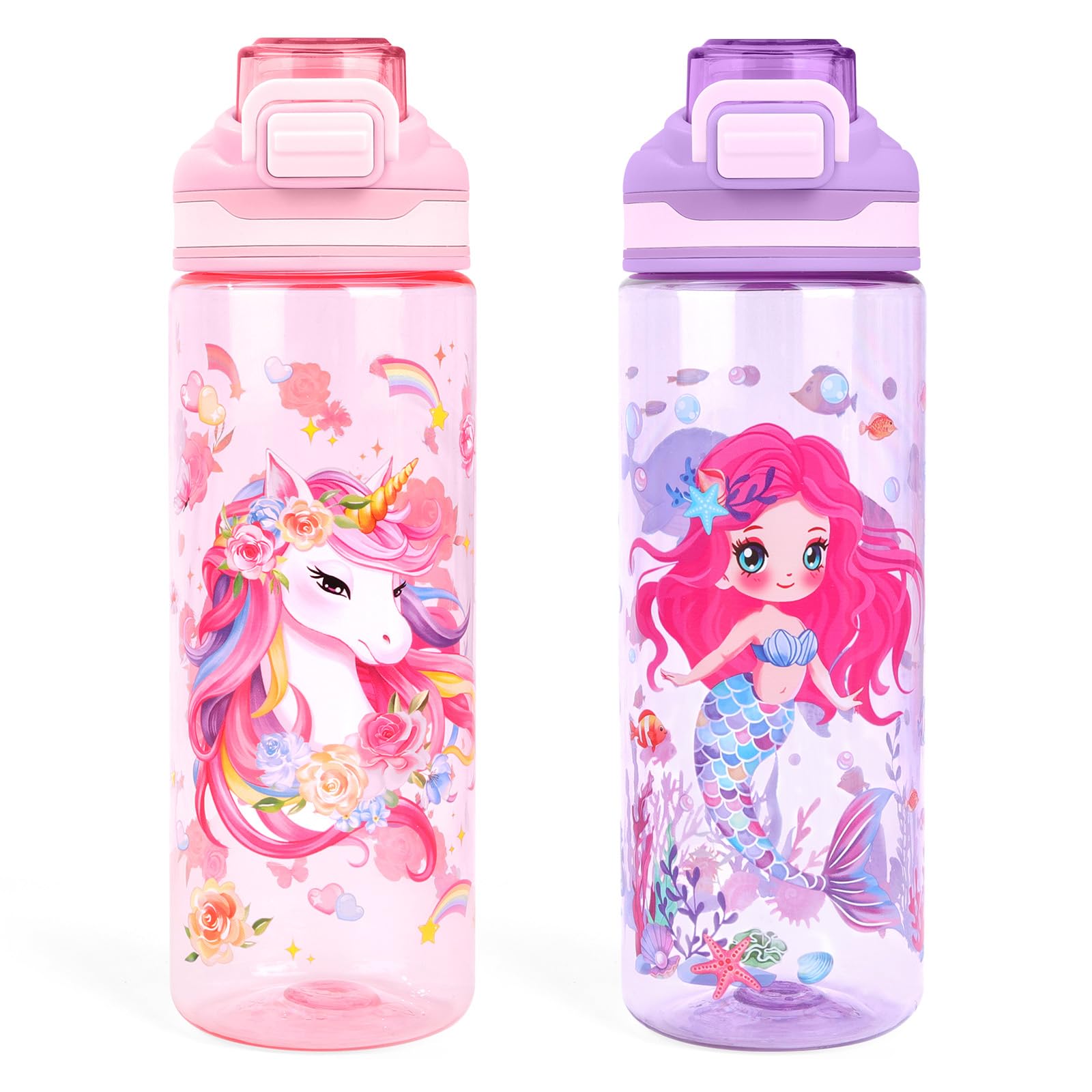 Kids Water Bottle with Handle,2 Packs BPA Free Childrens Water Bottle,650ml Leakproof Sport Bottle for Girls Teens Ages 4+,Tritan Drinking Bottle for School Travel Gym-Unicorn Flower+Mermaid