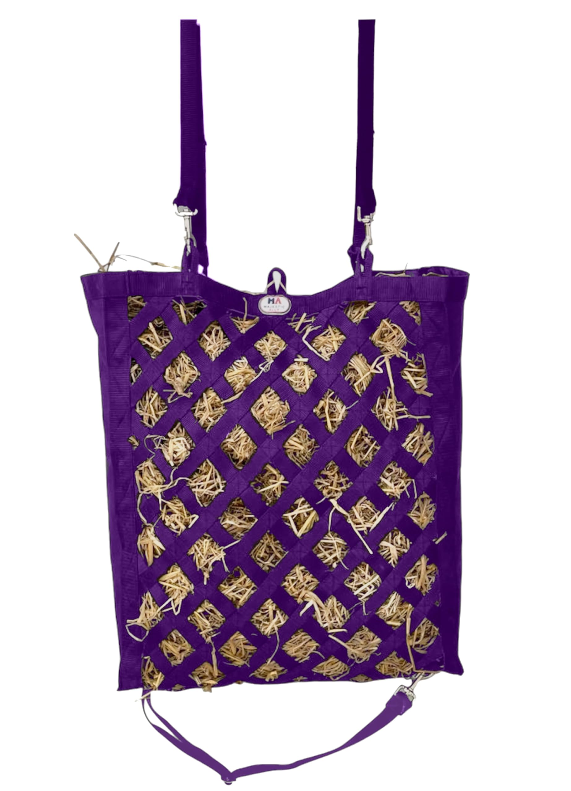 Majestic Ally Borsa da fieno per cavalli, in nylon resistente, cuciture rinforzate, cinghie regolabili, piccoli fori (viola)