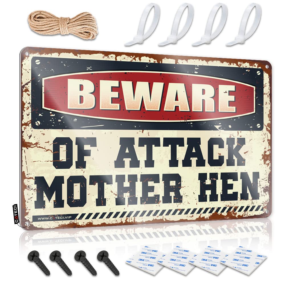 STWNVOITV Tinsign Decor Beware Of Attack Mother Hen Tin Sign Beer Bar Metal Sign Tin Metal Bar Signs(30X40CM)