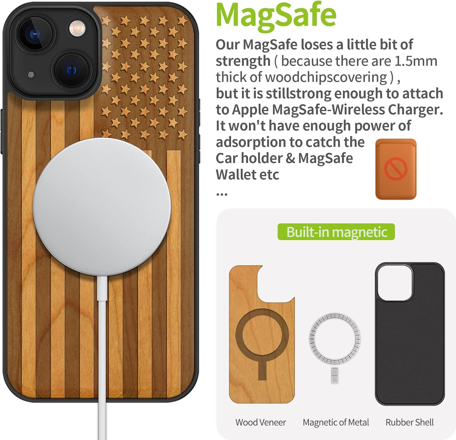 Carveit Magnetic Wood Case for iPhone 13 Case [Hard Real Wood & Soft TPU] Unique & Classy Wooden Shockproof Hybrid Protective Cover Compatible with MagSafe (American Flag-Cherry)