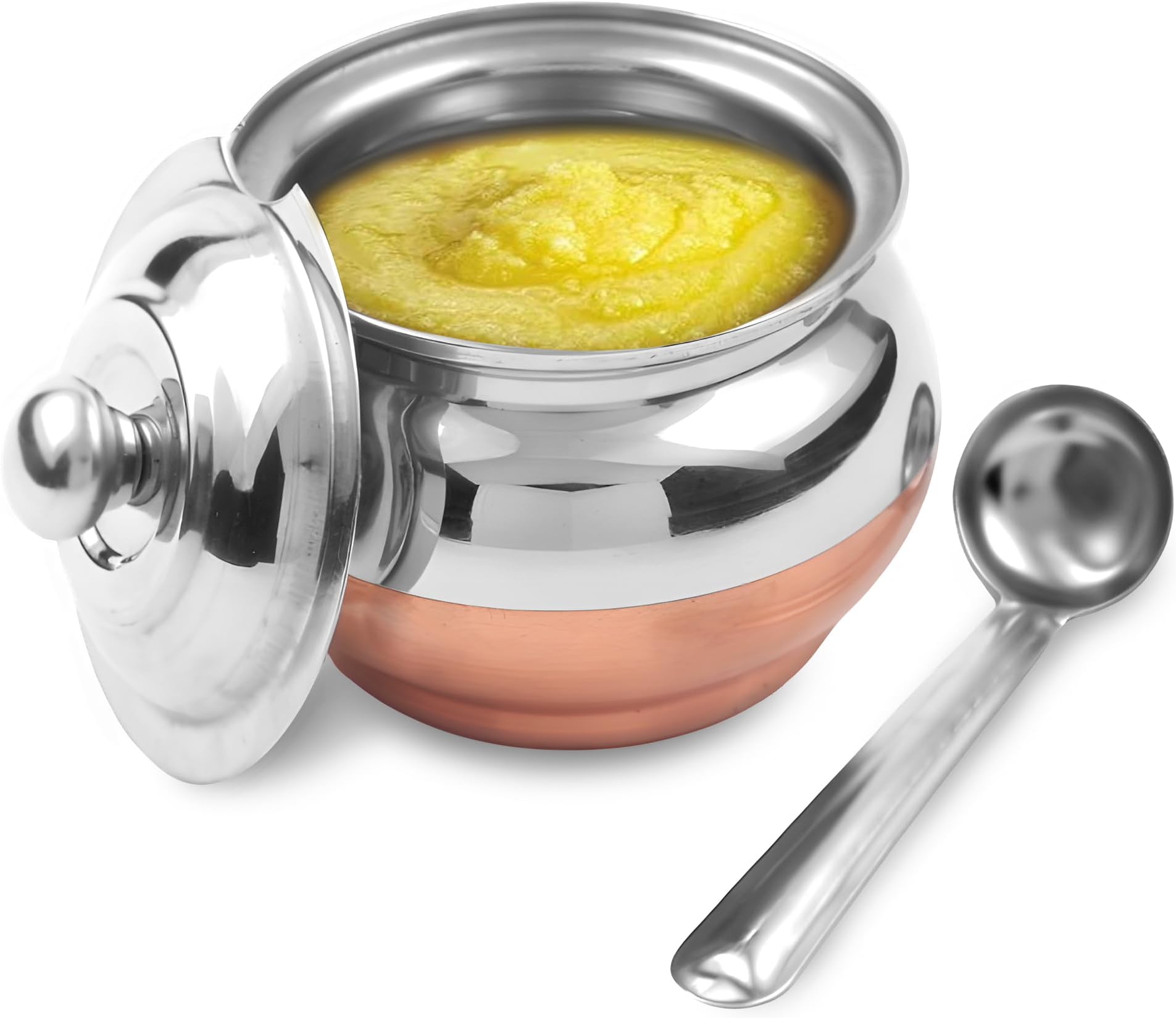 KSJONE Copper Coated Stainless Steel Ghee Pot with Spoon | Ghee Container for Kitchen | Premium Oil Container with Lid for Pooja Items, 200 ML