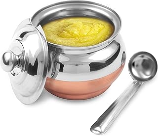 Copper Coated Stainless Steel Ghee Pot with Spoon | Ghee Container for Kitchen | Premium Oil Container with Lid for Pooja Items, 200 ML