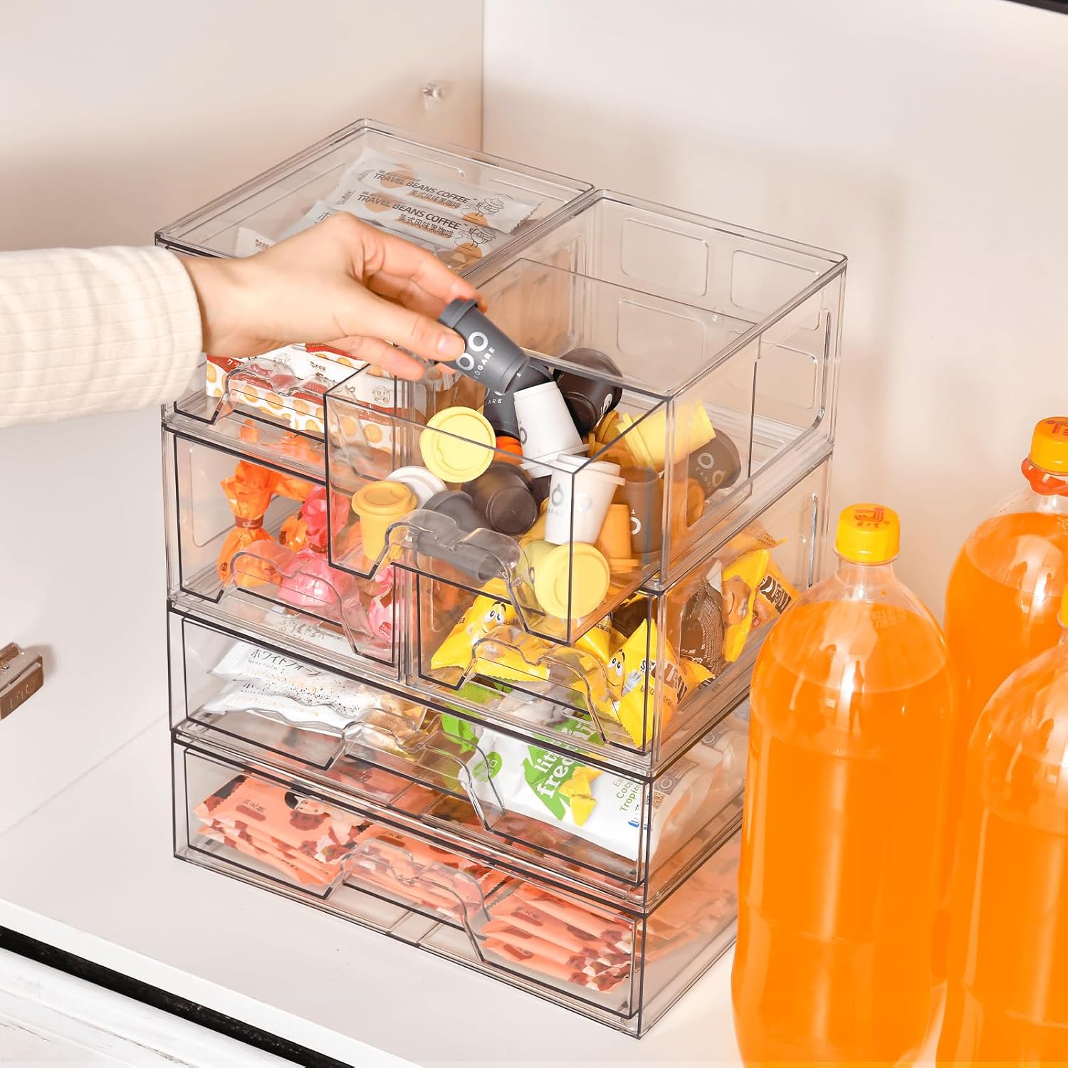 Stackable Makeup Organizer Storage Drawers Set of 6, Clear Plastic Organizer Bins for Beauty Supplies,Ideal for Vanity, Bathroom,Cabinet,Pantry Organization (2Long 4 Short)
