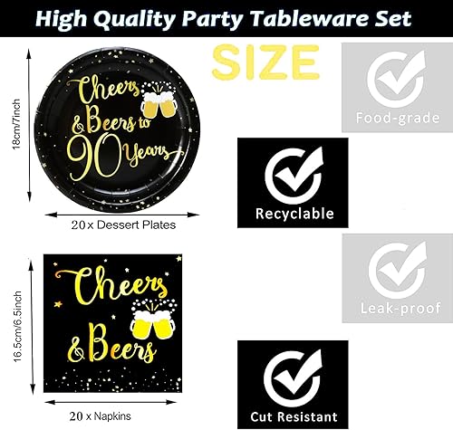 Miniatura 2 de Suministros para fiesta de cumpleaños de 90 años, juego de vajilla de alegría y cervezas, platos de 7 pulgadas y servilletas para suministros de