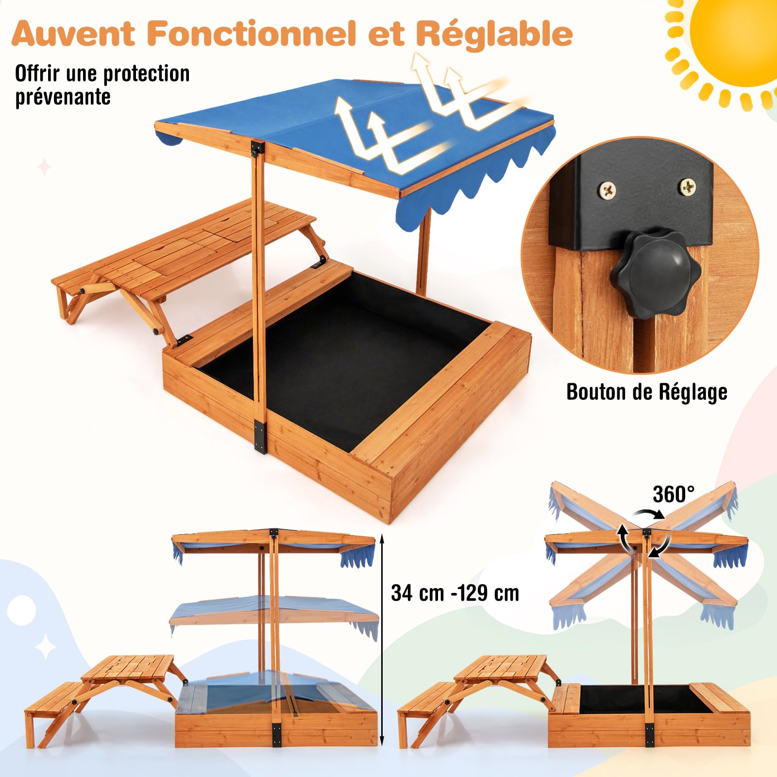 COSTWAY Bac à Sable En Bois 2-en-1 Avec Cuisine & Évier + 9 Accessoires - Jardinière Intégrée - 3-8 Ans