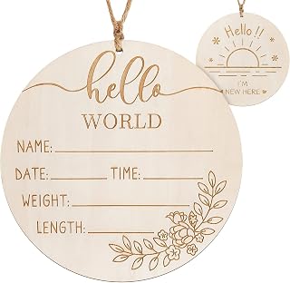 Baby Announcement Sign, Wooden Baby Name Sign for Nursery, Hello World Newborn Sign, Birth Announcement Sign for Hospital, Welcome Baby Sign Announcement Board for Photo Prop Baby Shower (Brown)