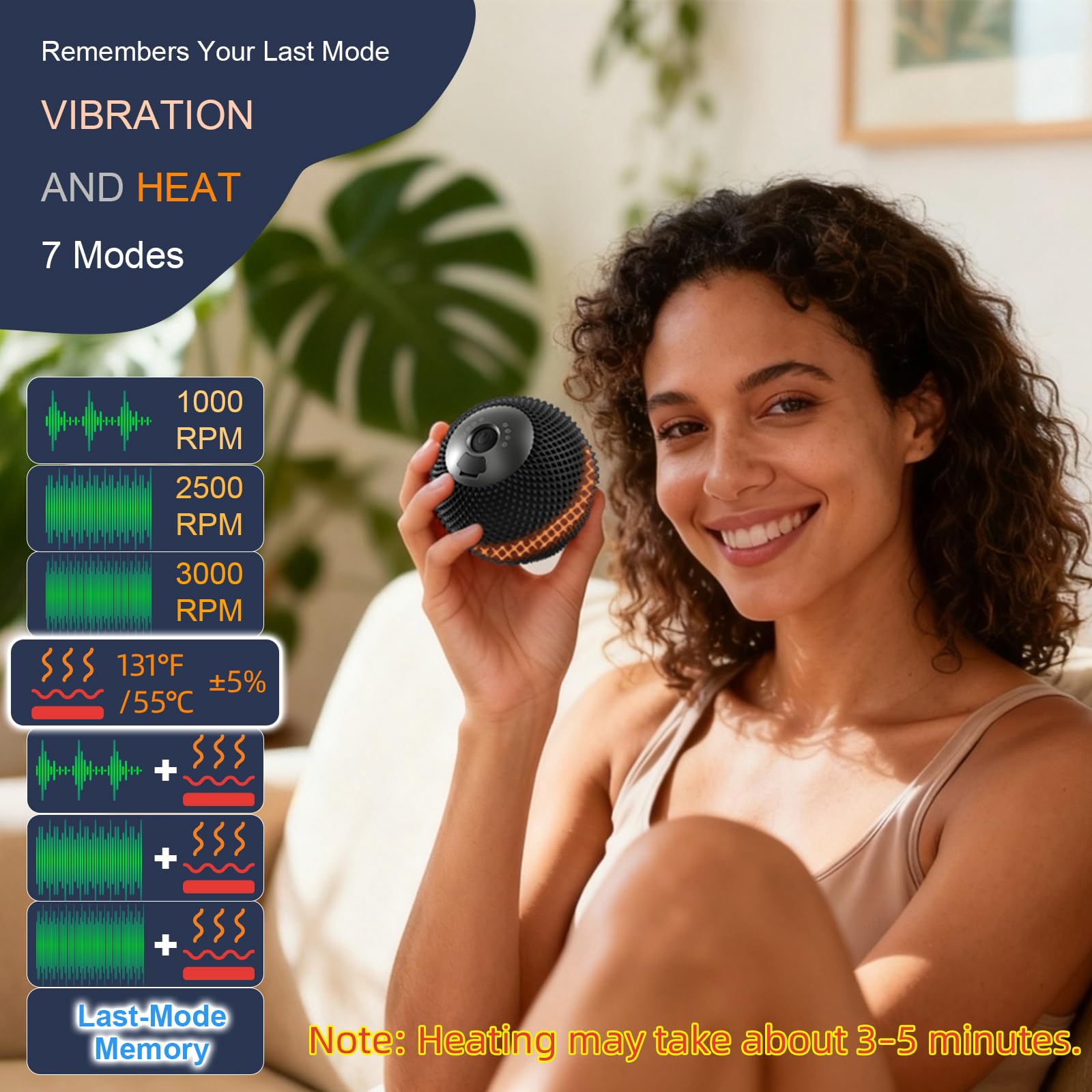 Bola de masaje vibratoria con calor, 7 modos, bola de masaje de lacrosse portátil de silicona con pinchos para masaje de tejidos profundos, liberación miofascial y recuperación deportiva, uso de