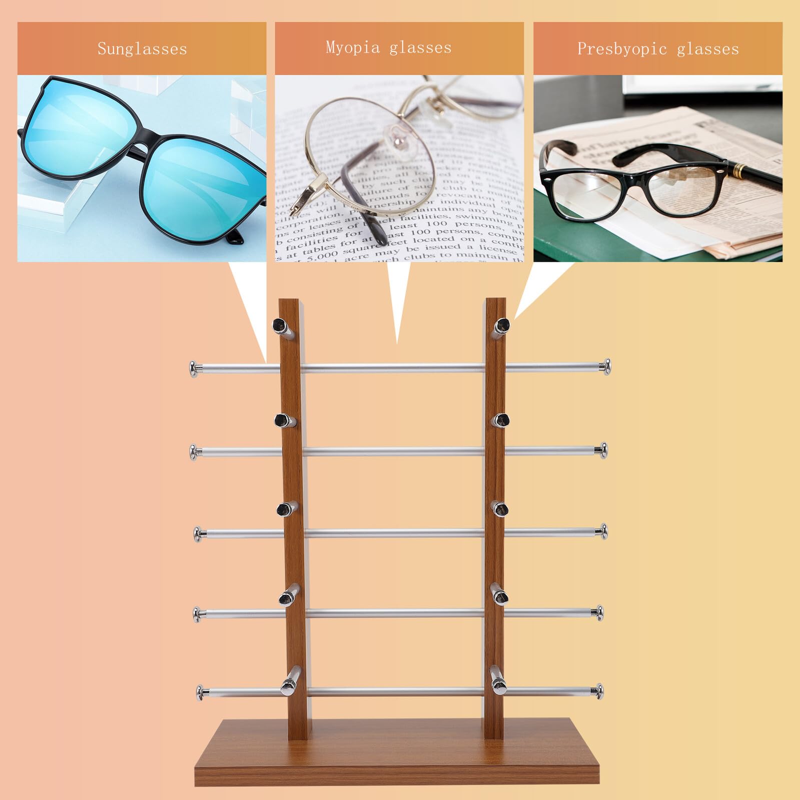 Espositore per Occhiali da Sole, Supporto Stabile in Truciolato, 10 Paia | Capienza Pratica, per Negozio o Casa, Atmosfera Estiva, Ordine su Banco e Scaffale